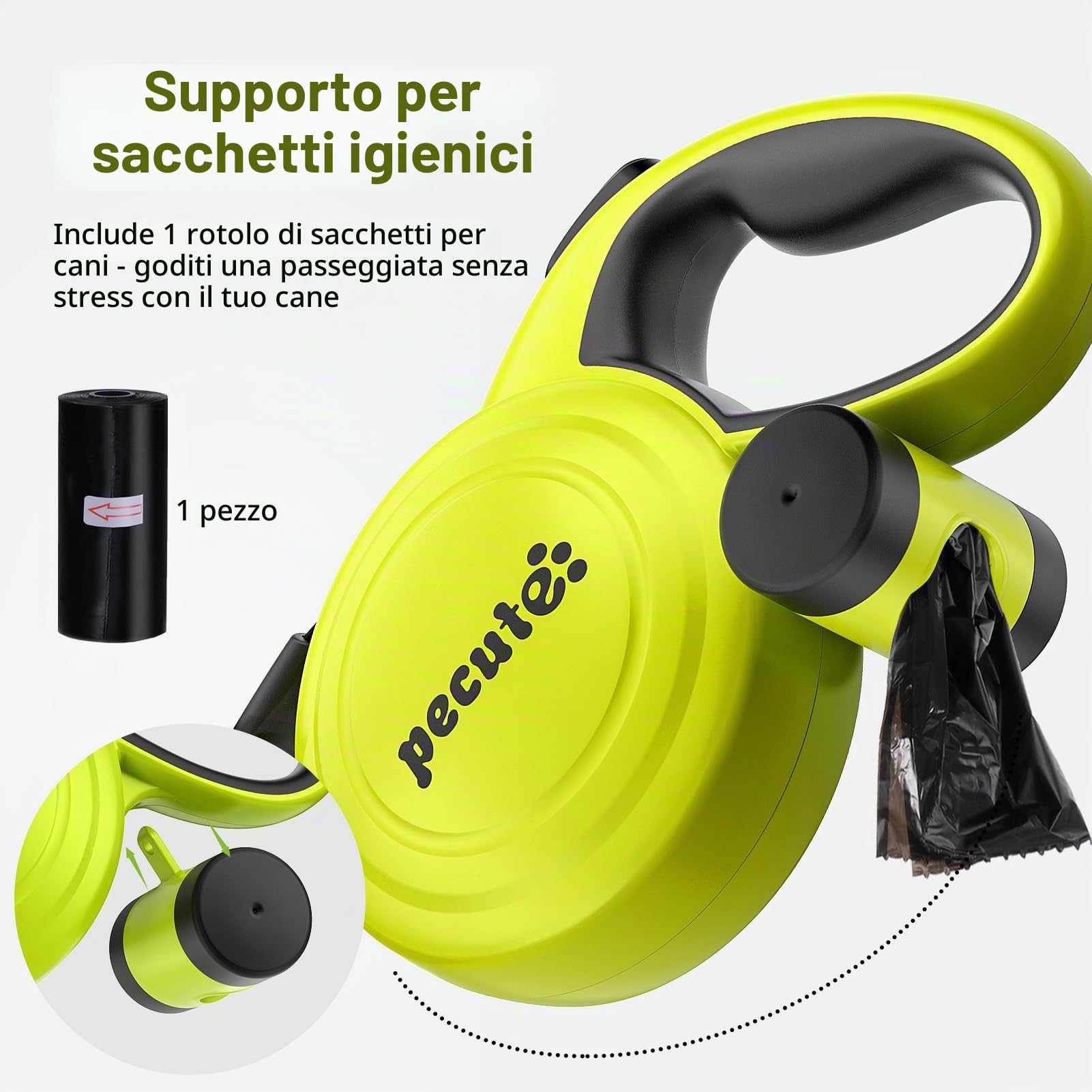 Pecute Guinzaglio Retrattile per Cani 10M (Fino a 50 Kg), Guinzaglio per Cane con Guinzaglio Esteso Senza Grovigli a 360°, Impugnatura Antiscivolo e Pulsante di Freno Rapido,Verde