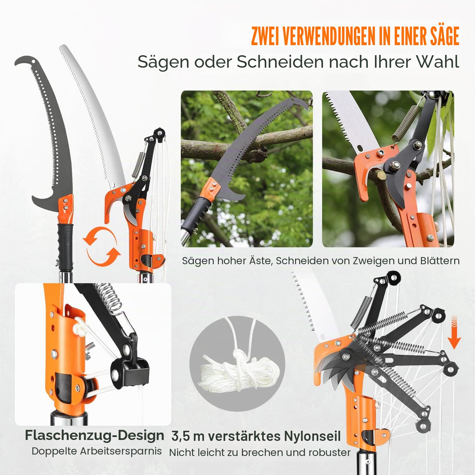 VEVOR Manuelle Stangensäge 8 m, scharfe Stahlklinge und Schere 2,2–8,2 m ausziehbare Baumschere, hohe Äste, Astschneider mit leichten 8 Fiberglasgriffen,zum Beschneiden von Handflächen und Sträuchern