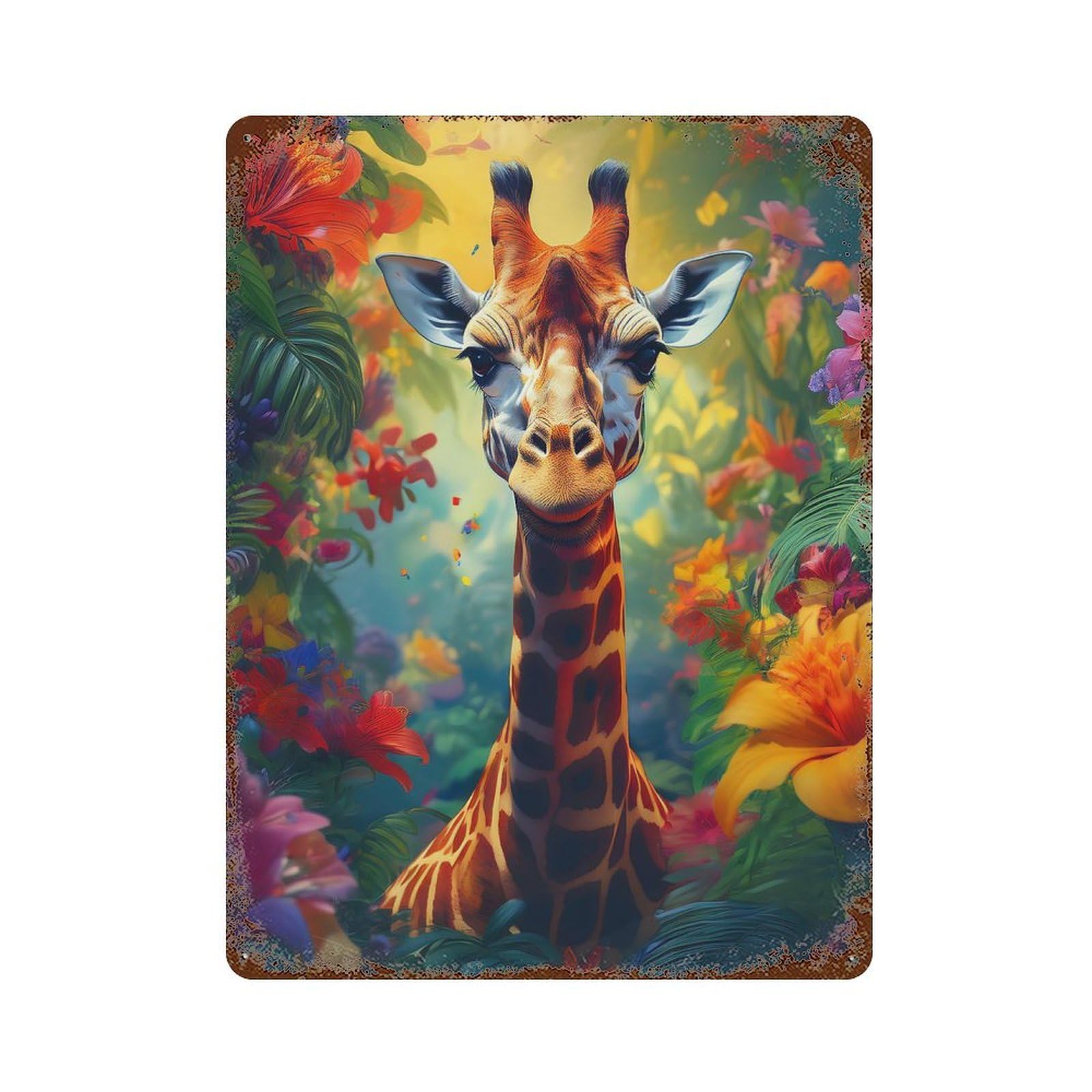 Giraffe in Jungle Bloom Vintage Rust Metal Sign 15.7"x11.8", Shabby Chic Decor for Garage, Pub Or Kitchen