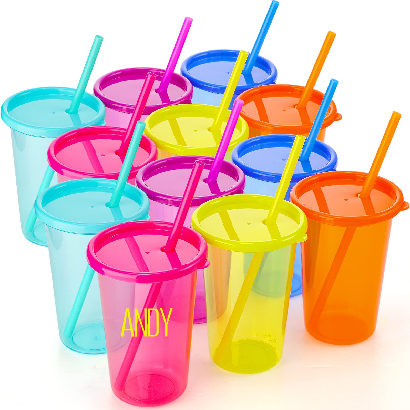 Großbecher mit Deckel und Strohhalm, 400 ml, Kunststoffbecher, wiederverwendbar, Eiskaffeebecher, Trinkbecher-Set, Wasserflasche, wasserdichte Buchstaben-Aufkleber für Party (bunt, 12 Stück)