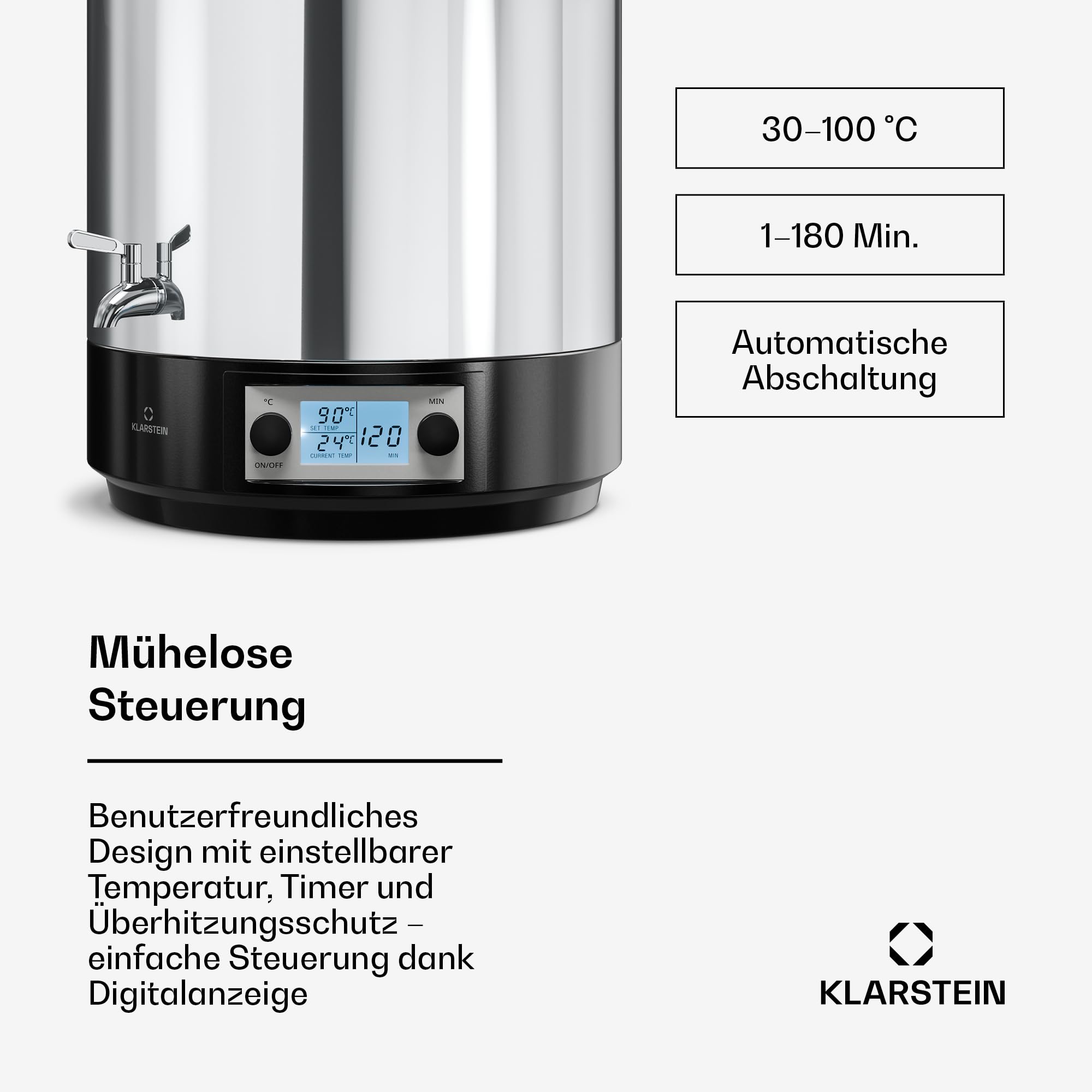 Klarstein Biggie Digitaler Einkochautomat, 25 L Edelstahl-Einkochtopf mit Edelstahlhahn & Timer, 2000 W, 30–100 °C, LCD-Display, Glühweinkocher, Einweckautomat, Heißgetränkespender