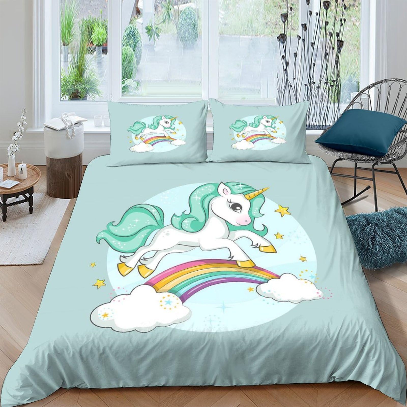 Ctjqhvkz Style-6 3D Printed Unicorn Rainbow Fitted Sheet Microfiber Non Slip Cartoon Bed Cover Washable For Bedroom Guest Room Decor Single（135X200cm）