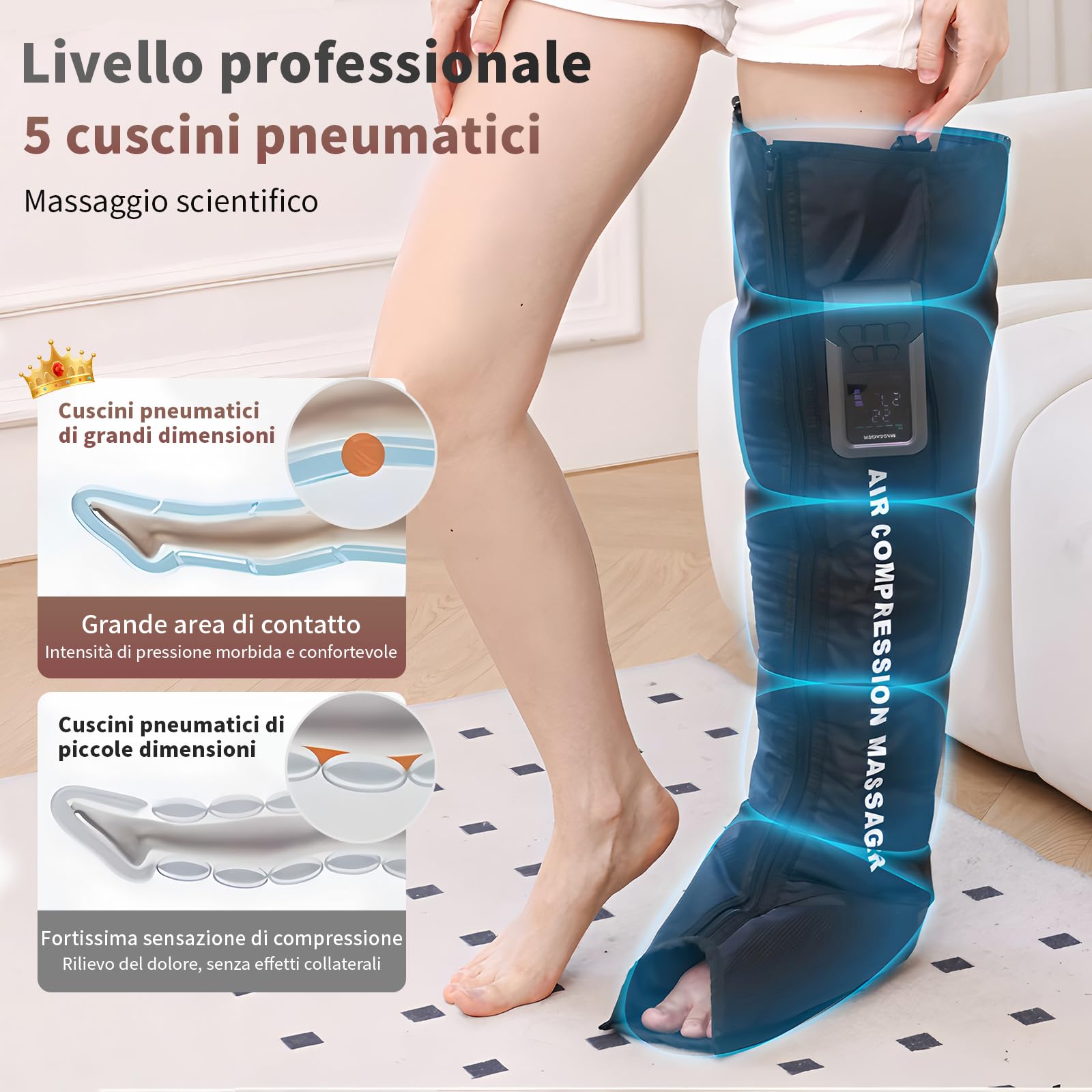 Stivale Compressione Senza Fili Gamba Singola – Massaggiatore Aria Batteria, Pressione 20-110 mmHg, 4 Programmi, Circolazione Sanguigna