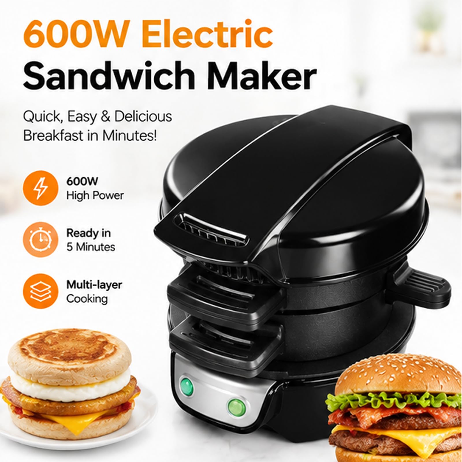 Tostapane elettrico multistrato da 600 W con anello per la cottura delle uo | Macchina per hamburger e muffin, piastre di cottura antiaderenti, riscaldamento su entrambi i lati(black)