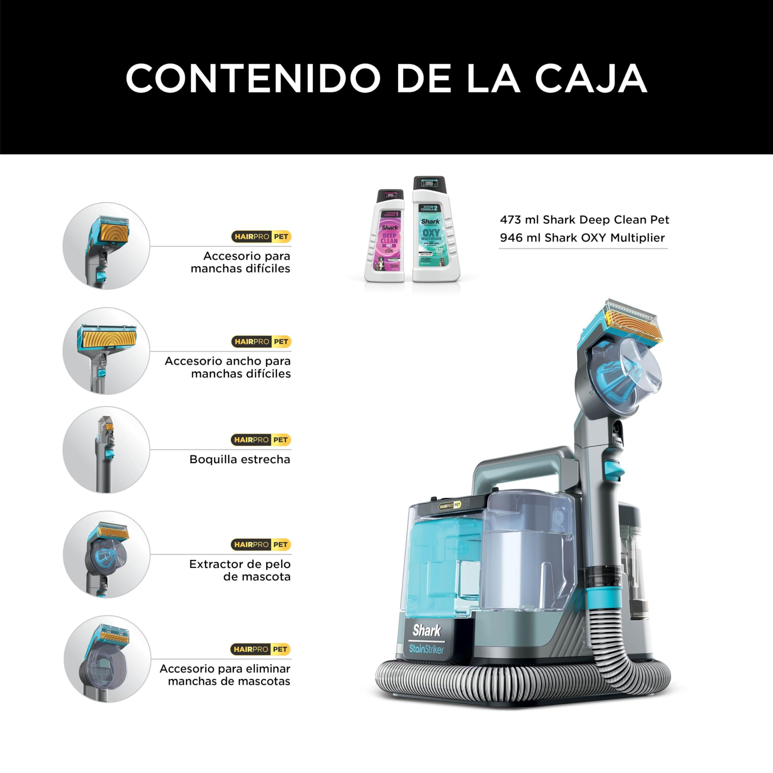Shark StainStriker HairPro Pet Limpiador Portátil para Manchas y Pelo de Mascota - Succión de 450 W y Herramienta Extractora de Pelo - Incluye 4 Accesorios y 2 Soluciones de Limpieza - Gris, PX250EUCP