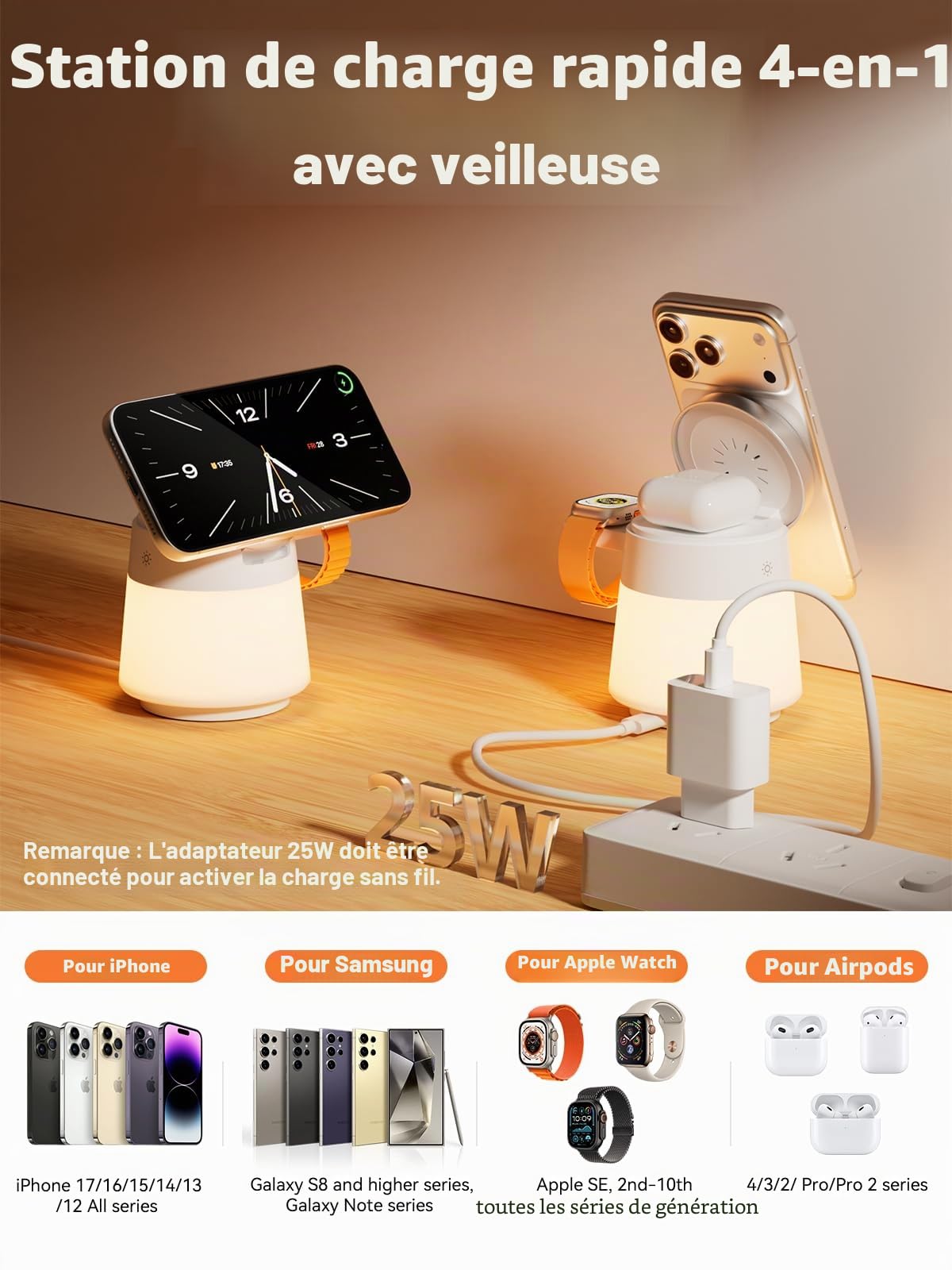 COLSUR Chargeur Induction pour iphone 17, 4 en 1 Station de Charge pour Apple Compatible pour Apple Watch and Air-Pods Chargeurs à Induction pour Téléphones Portables Veilleuse Cadeau Homme Femme