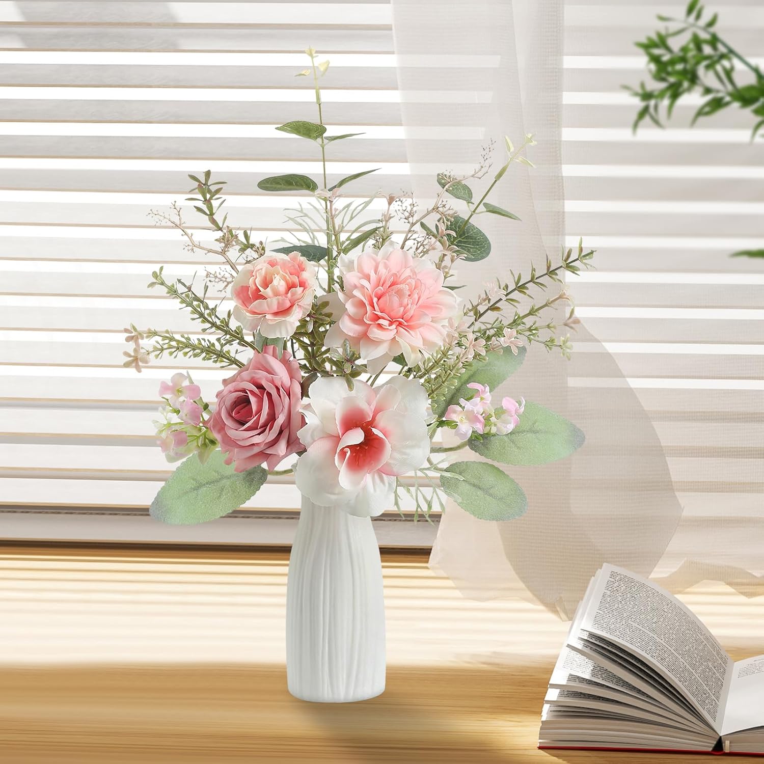 Small 11" Artificial Flowers in Ceramic Vase - Pink Silk Flower Centerpiece for Dining Table, Office, Wedding & Farmhouse, Home Decor Gifts - Image 4