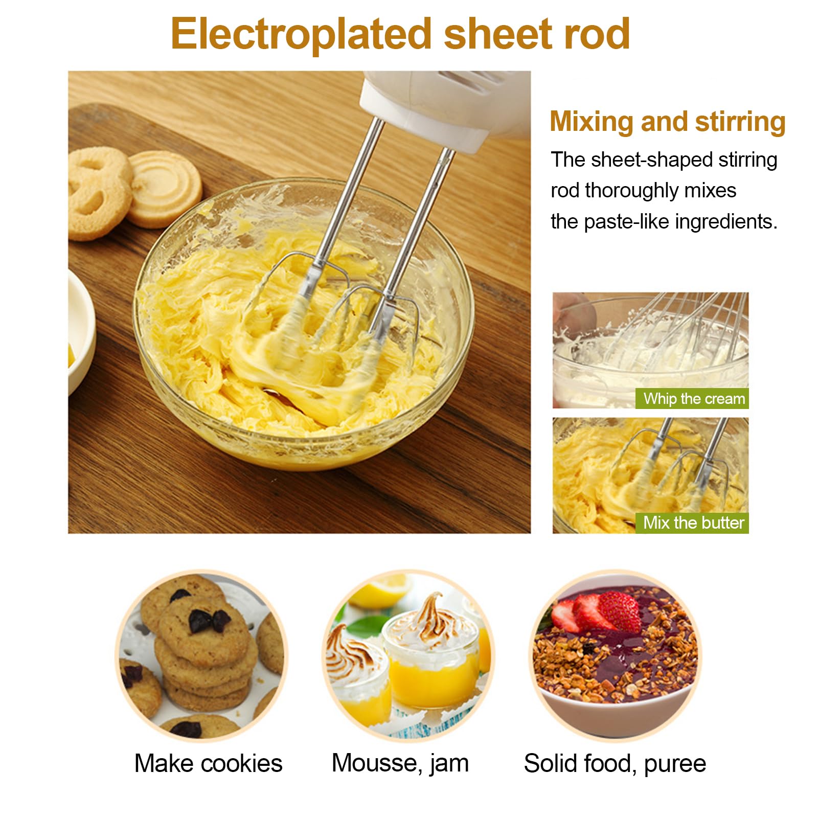 Sbattitore elettrico, frullatore a immersione a mano 300 W con 5 velocità di rotazione, frullatore da cucina multifunzione con 6 accessori in acciaio inox, frusta elettrica multiuso per pasticceria