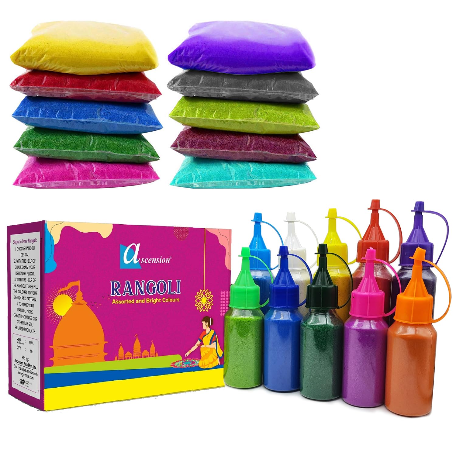 Ascension Rangoli Powder Colors Bottles 80gm Each Design Diwali Floor Rangoli Art Ceramic Colours Rangoli Color Powder Rang for Navratri Pongal Pooja Onam Mandir (Set of 10) with 10 Refill Colours-image-13