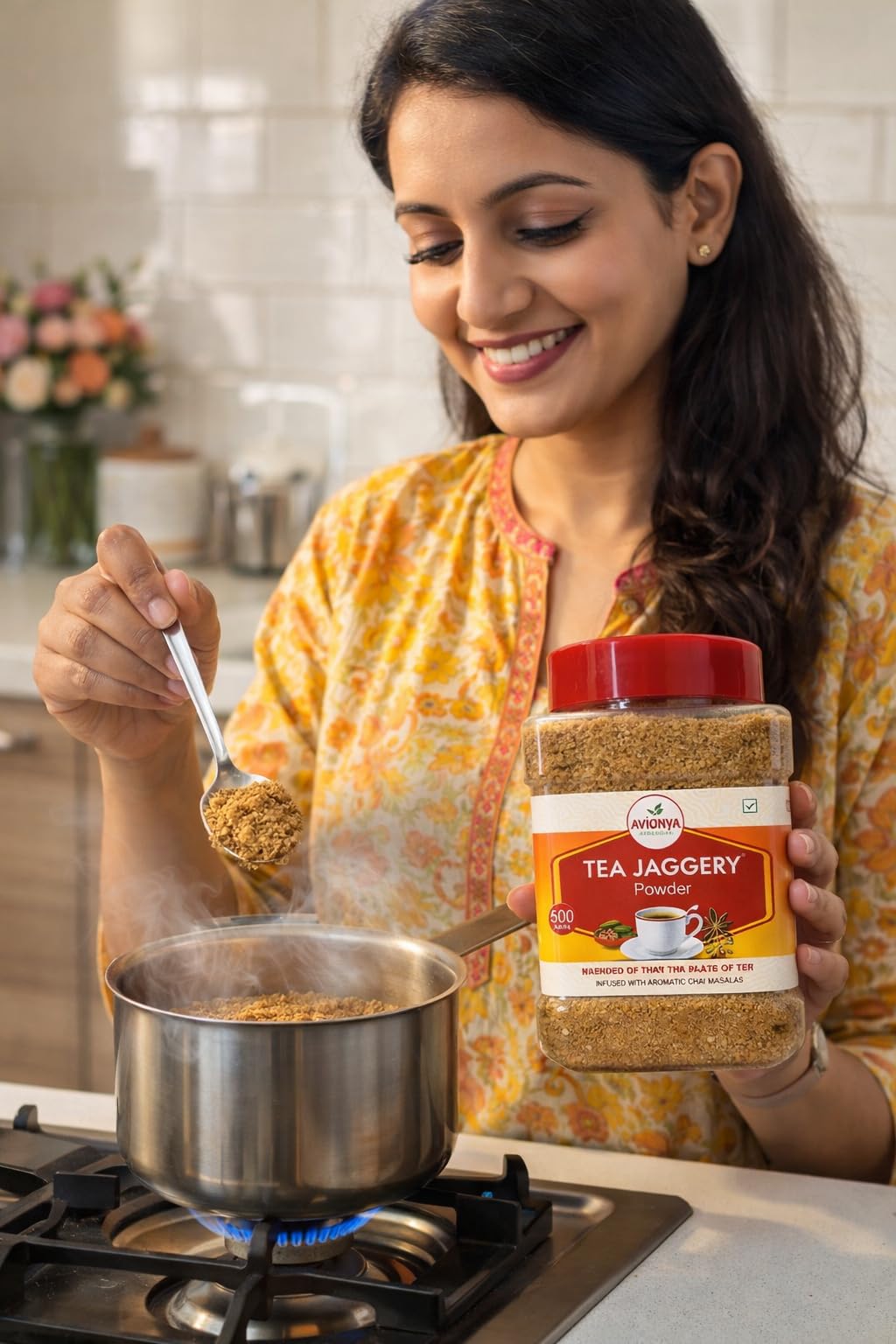 Avidnya Tea Jaggery Powder 250g | Natural Gur Powder Infused with Aromatic Chai Masala | Healthy Sugar Alternative for Tea & Beverages 3