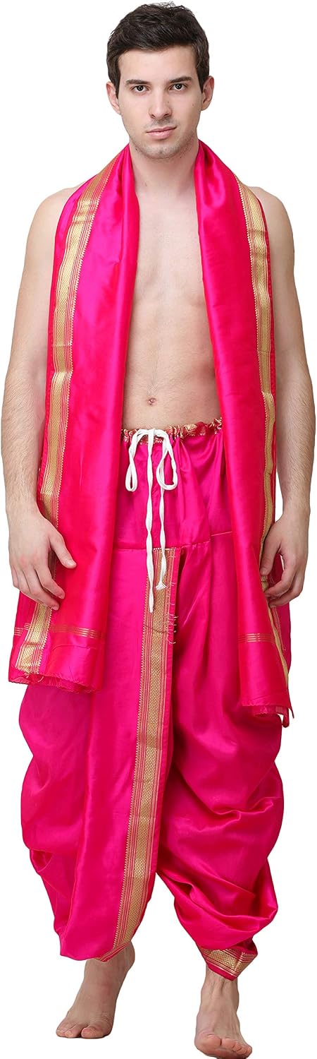 Exotic India Art Silk Ready to Wear Dhoti and Angavastram Set with Woven Golden Border