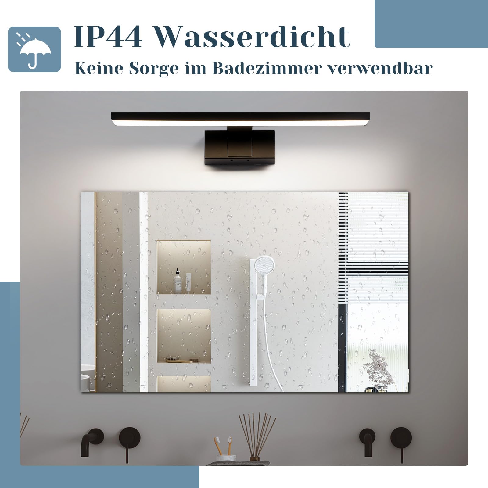 Homefire Lampa nad lustro łazienkowe, 60 cm, czarna, łazienkowa, wodoszczelna, IP44, nowoczesna, neutralna biel, 4000 K, lampa ścienna do piwnicy, kuchni, szafki łazienkowej