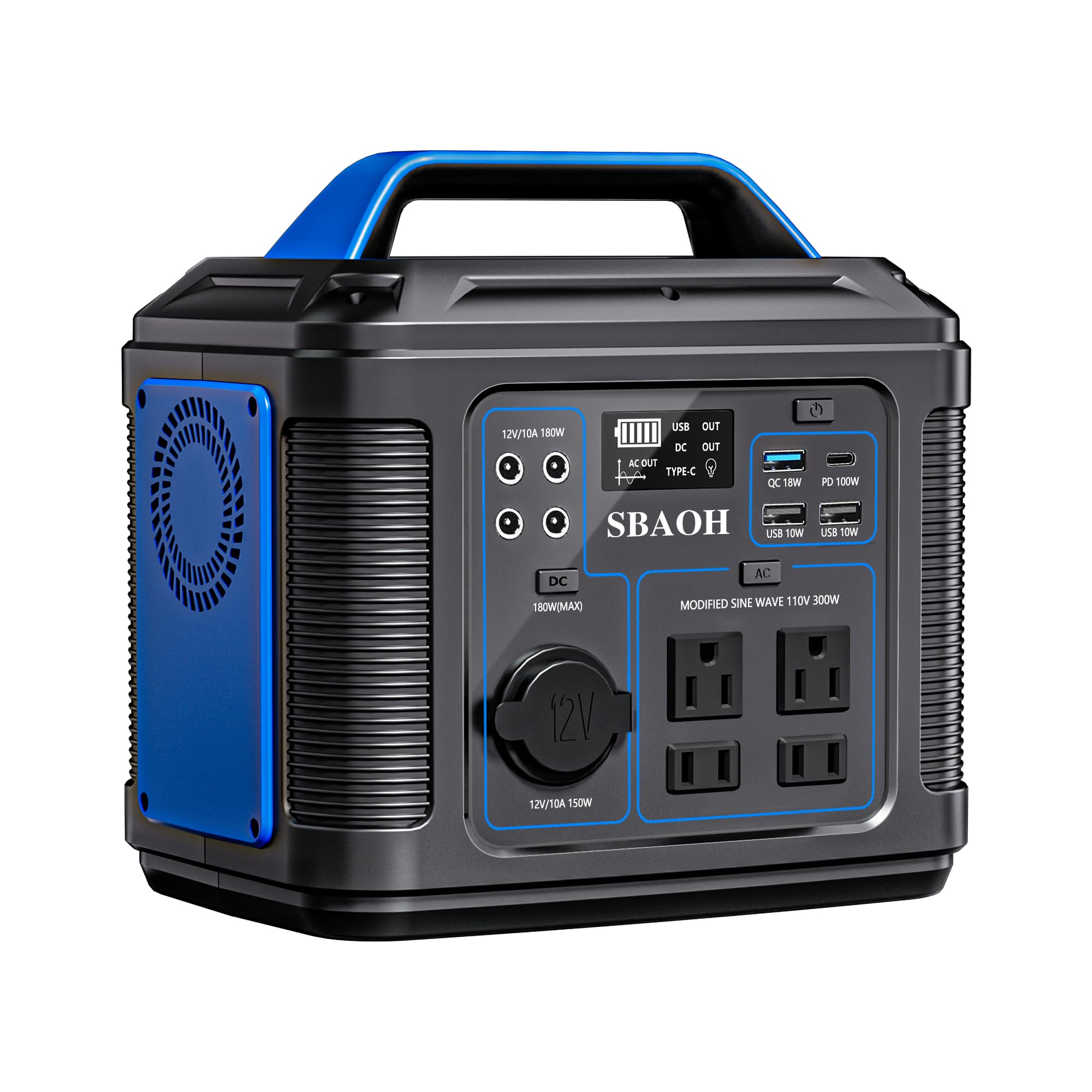 Portable Power Station, 300W 296Wh Generator Quick Charge / 110V AC Outlets/DC Ports and LED Flashlight, Backup for Home Outdoor Travel Camping Blackout blue