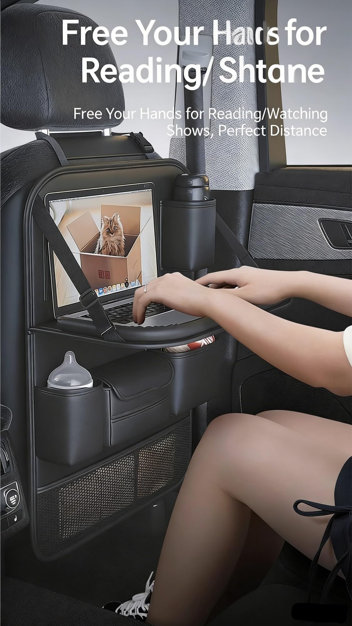 Organizador de asiento trasero de coche con mesa, bolsa de almacenamiento de piel sintética con bandeja plegable, organizador de asiento trasero multifunción para coche, camión, SUV (gris)