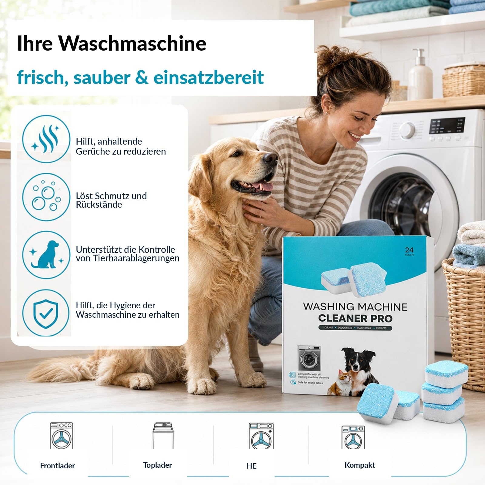 Zunial Waschmaschinenreiniger Pro, Zunial Maschinenreiniger, Maschinenreiniger Tabs Für Waschmaschine, Waschmaschinen-Reiniger Gegen Gerüche, Tierhaare Und Rückstände (48 Stück)