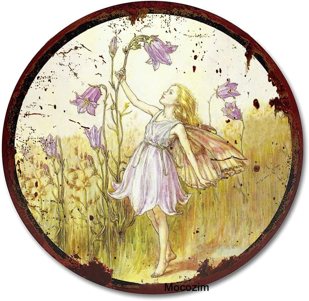 Kisoyo Round 20 Round Metal Tin Sign Harebell Fairy Cicely Mary Barker Flower Fairies Vintage Wall Art Nursery Decor Fairy Print Home Decor Novelty Bedroom Courtyard Decoration Sign 12X12 Inch