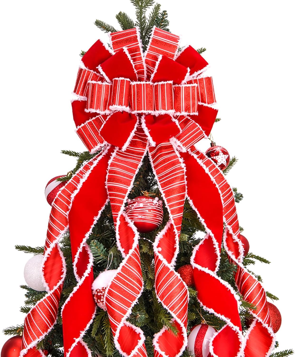 LATERN Red Christmas Tree Topper Bow, 30CM x 115CM Large Velvet Christmas Bow Xmas Tree Top Hat with White Edge and White Stripe for Christmas Tree Fireplace Wreath Door Home Decor