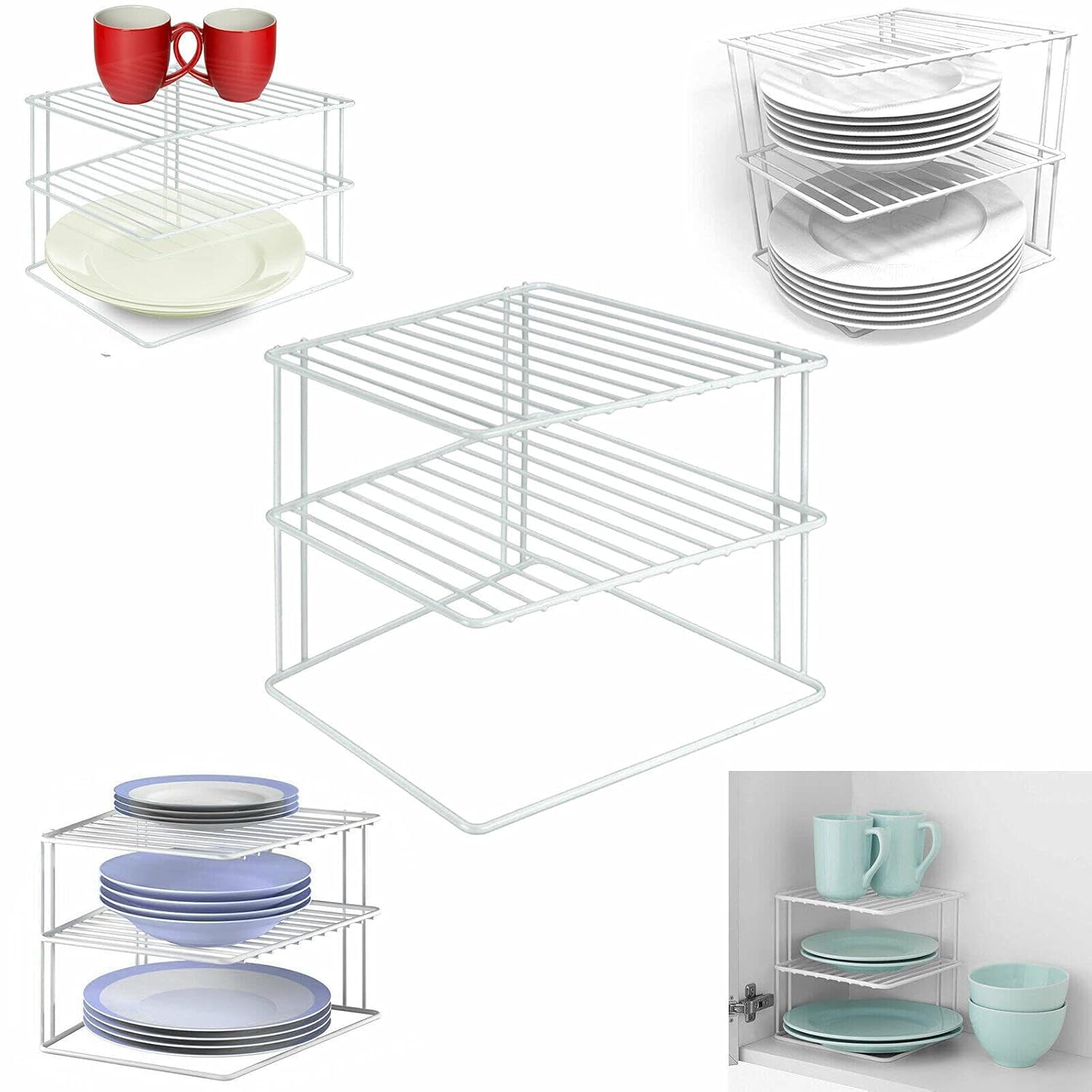 YORKSHIRE HOMEWARE 3 Tier Corner Kitchen Plate Rack | Kitchen Plate Bowl Rack Stand Holder | Tidy Cupboard Shelf Racking Stand | Space Saver Storage Organiser, H19 x W25 x D25cm (White)