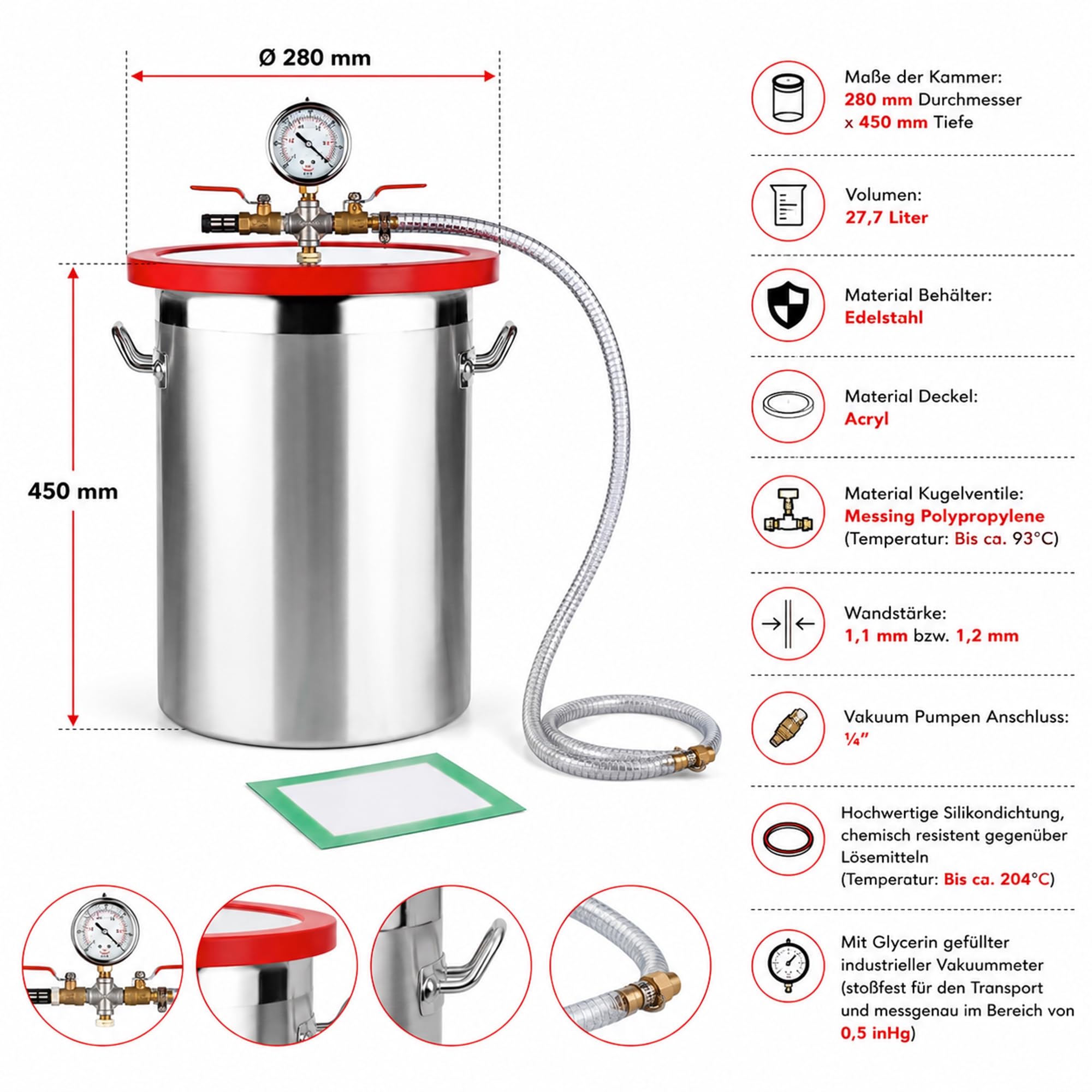 Mucola Vakuumkammer 27,7 Liter Edelstahl 280x450mm – Entgasungskammer mit Acryldeckel und Messing-Kugelventilen | für Harze, Silikone, Epoxid, Schmuckherstellung, Formenbau und Lebensmittel