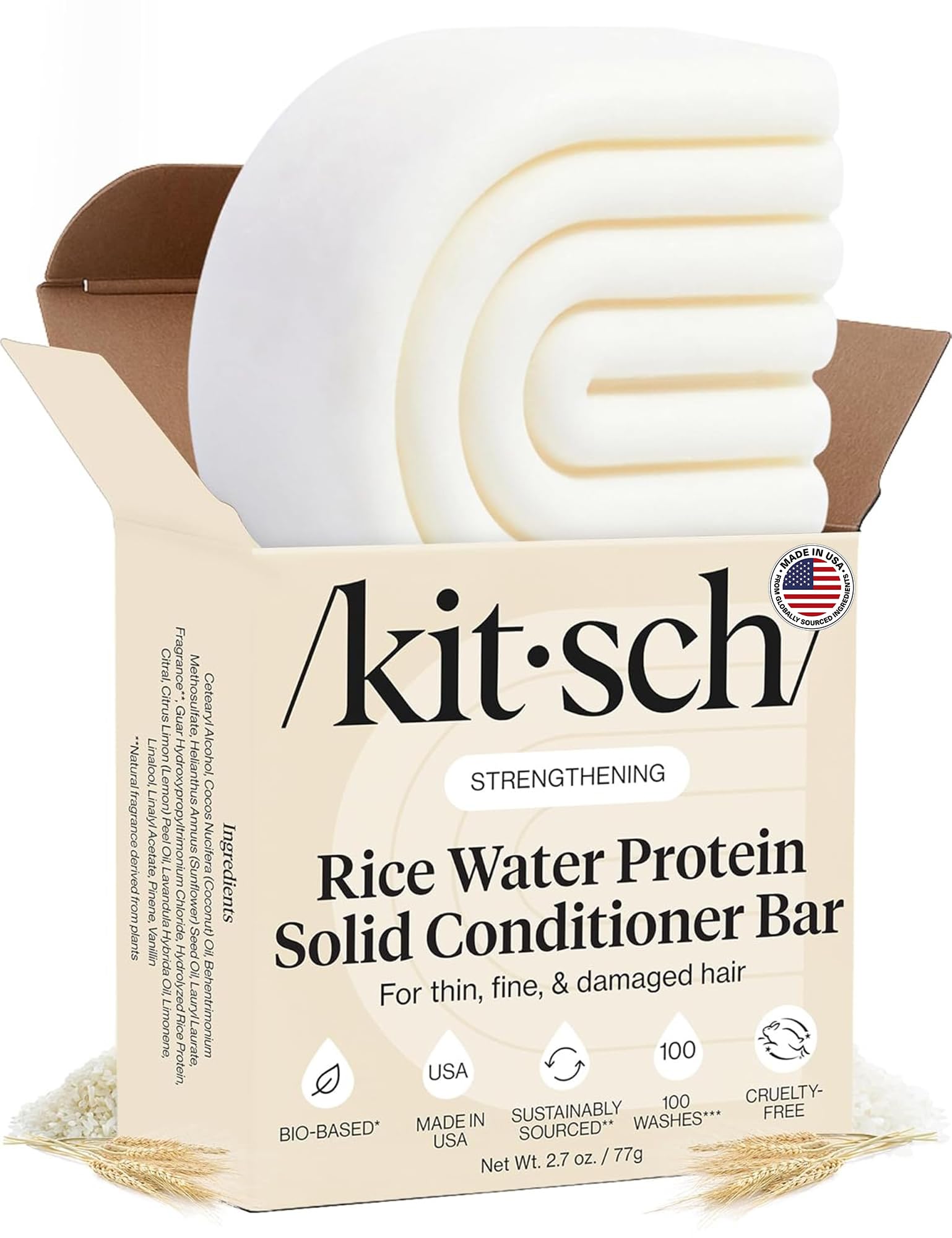 Kitsch Barra acondicionadora con agua de arroz – Barra de acondicionador sólida para fortalecer e hidratar el cabello, acondicionador para mujeres, mejor par con barra de champú Kitch, sin parabenos