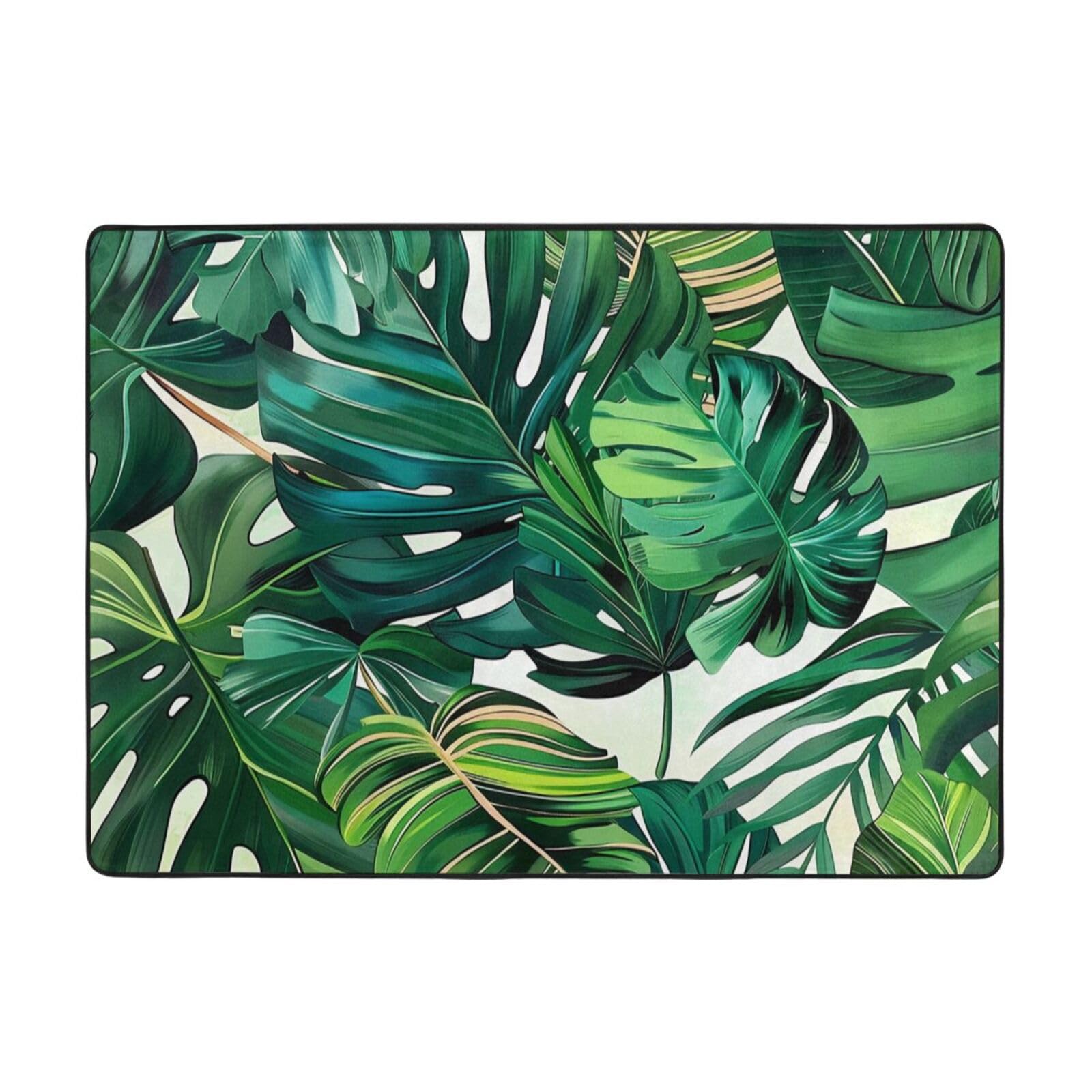 Tapis feuilles tropicales grand format 203x147 cm pour decoration salon et chambre