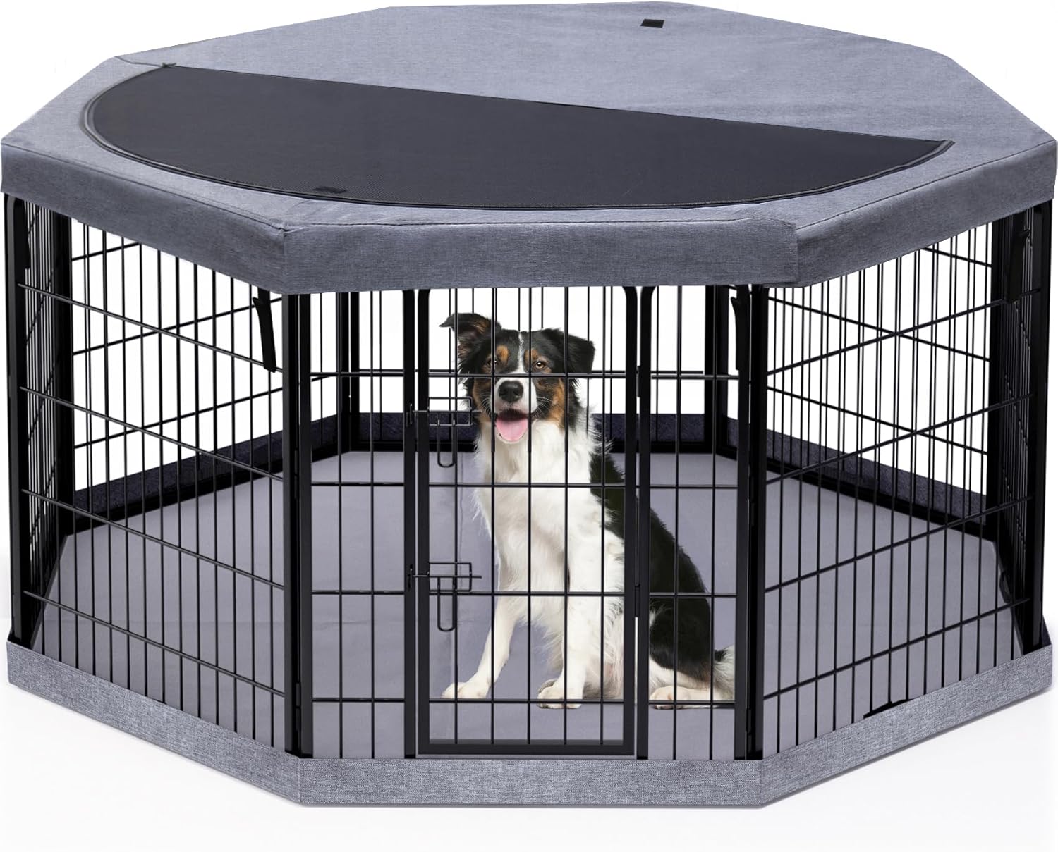 PETIME Dog Playpen,Metal Exercise Puppy Pen Heavy Duty Kennels Yard Fence Indoor/Outdoor 27" W x 32" H 8 Panels Dog Cage with Octagon Top Cover and Bottom Pad