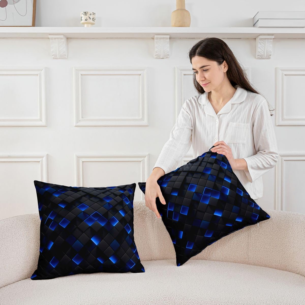 Manfei Geometric Square Throw Pillow Cover Tech Gaming Style Double-Sided Pillow Case Bedroom Living Room Grid Diamond Cushion Cover for Bed Couch Soft Pillowcases,16x16 Inches Black Blue image 3