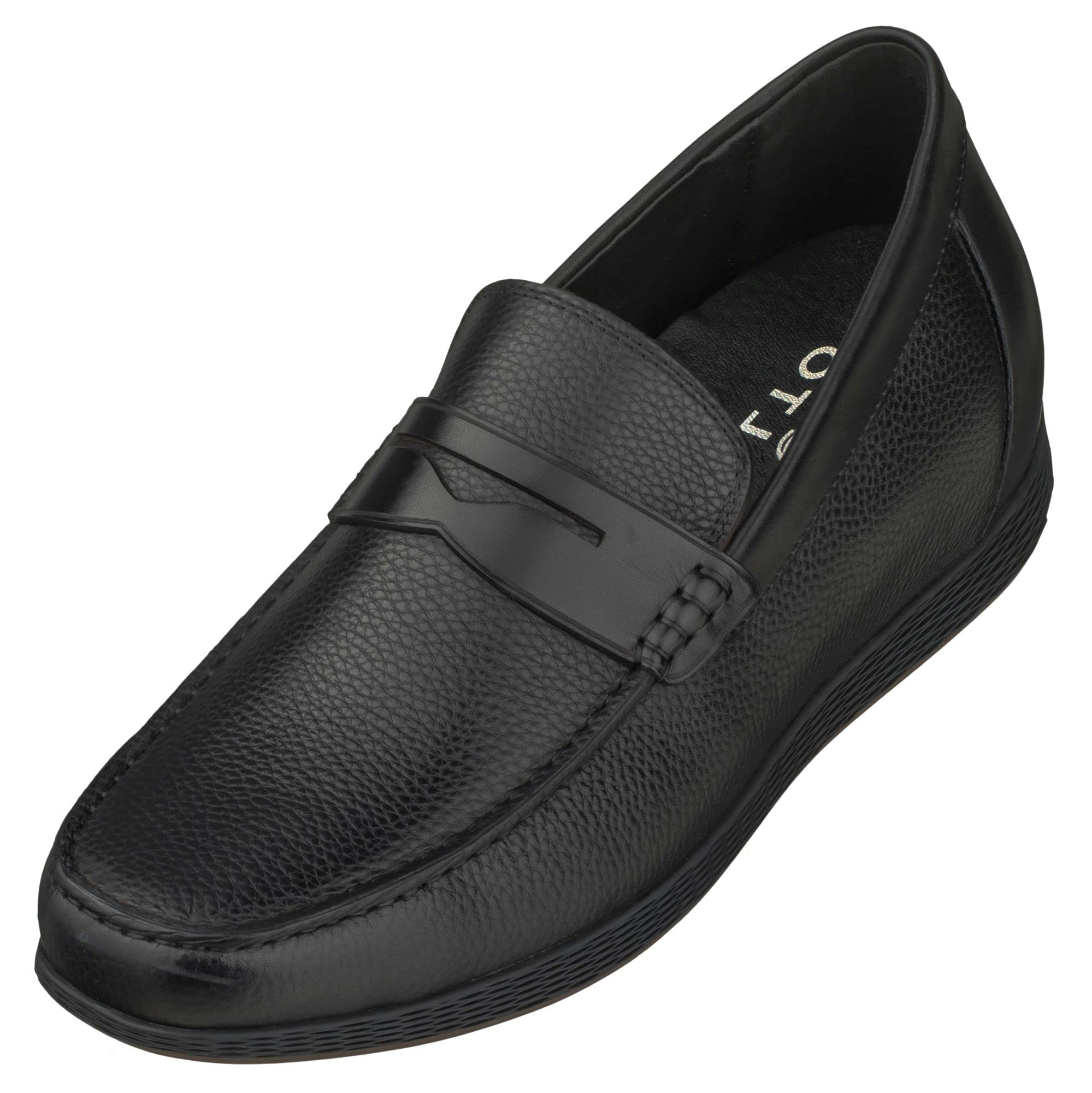 CALTO Men's Invisible Height Increasing Elevator Shoes - Black Premium Leather Slip-on Lightweight Casual Loafers - 2.4 Inches Taller - S1090 - Size 7