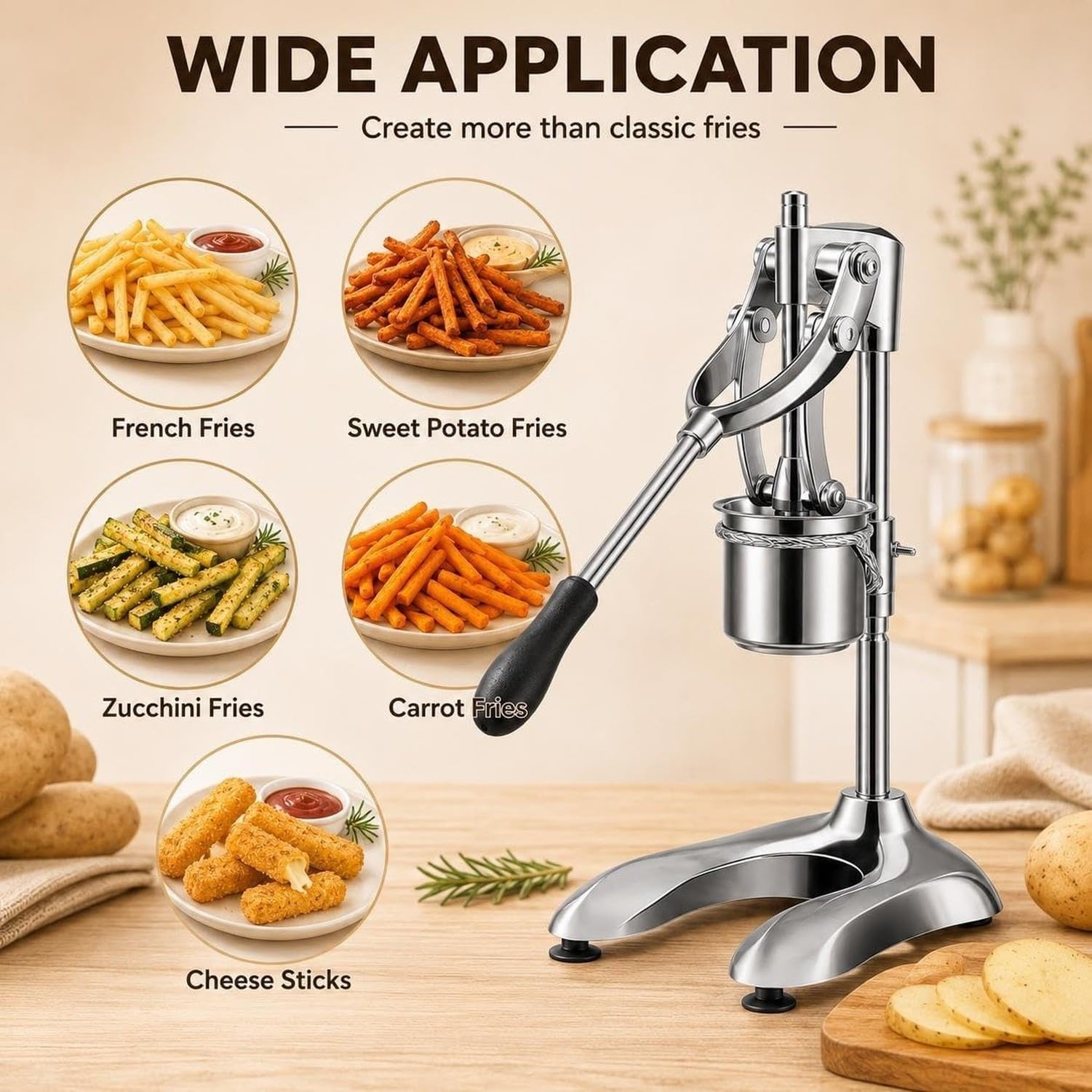 Pressa per Patatine Fritte Lunghe, Leva Manuale in Acciaio, Uso Professionale, Silver