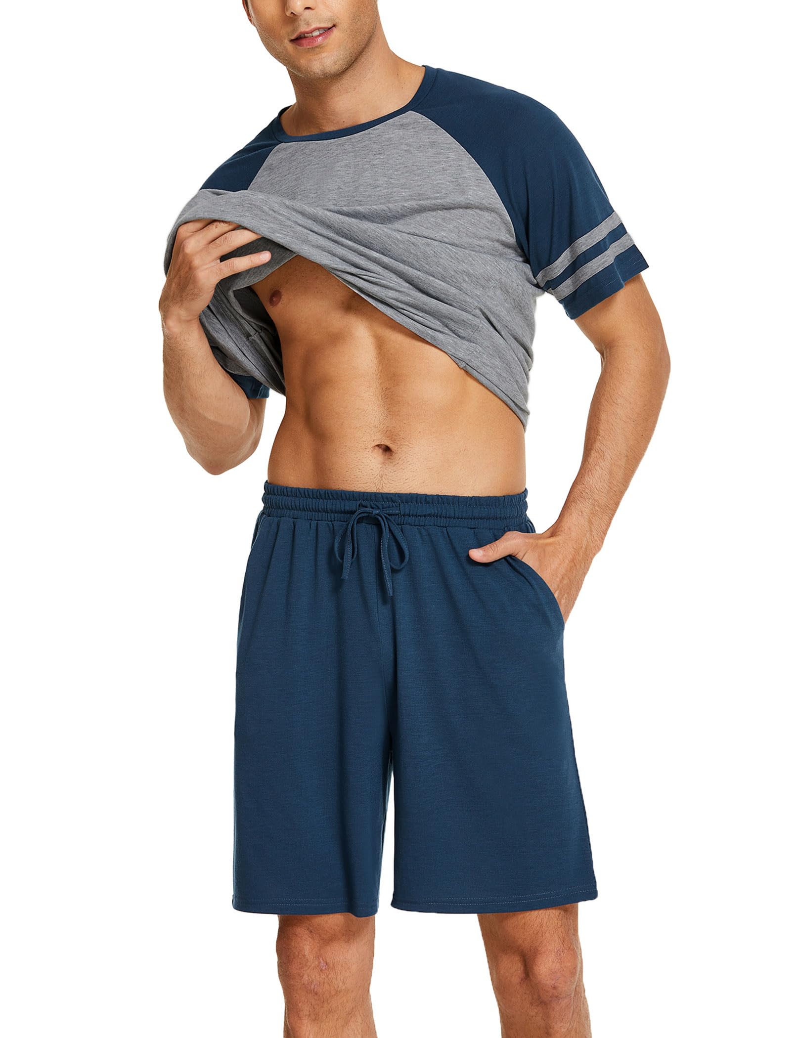 Ekouaer Herren Schlafanzug Kurz Pyjama Kurzarm Sommer T-Shirt und Shorts Zweiteilig Set S-XXL
