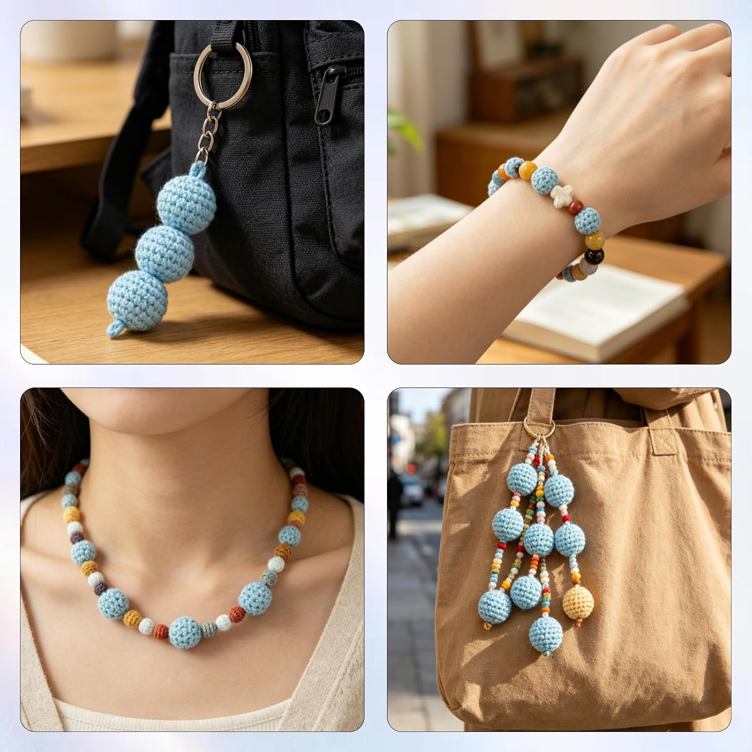 Decoendiy 30Pcs Wooden Crochet Beads 16mm, Colorful Wood Crochet Covered Beads, Shaped Cotton Spacer Beads-Wood Knitting Ball for DIY Bracelets Necklaces (Light Blue) image 5