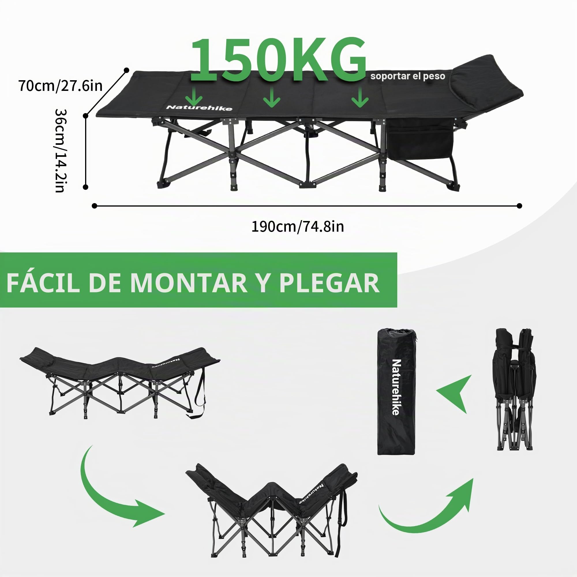 Naturehike Cama Plegable para Acampar, con Almohada, Cama para Acampar De 190x70x48 Cm, Contiene Una Capa Acolchada De 3 Cm De Espesor, Cuna De Viaje con Capacidad De Carga De hasta 150 Kg