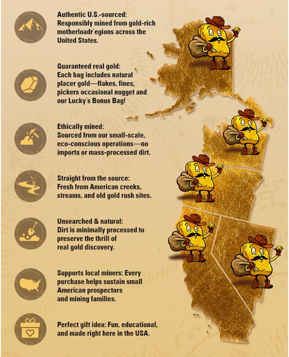 Gold Paydirt | Gold Rush Panning Concentrates unsearched & Added | Gold Prospecting Pay Dirt + 1/2 gram Gold Guaranteed Lucky’s Bonus Bag