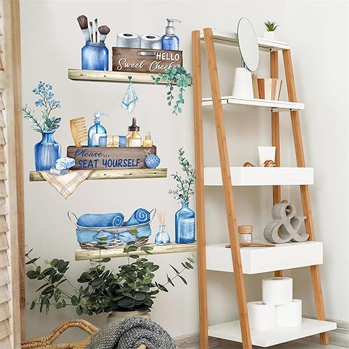 Miniatura 4 de sacinora - Calcomanías de pared para estantes de toallas azules, organizador de brochas cosméticas, calcomanías de pared extraíbles de vinilo