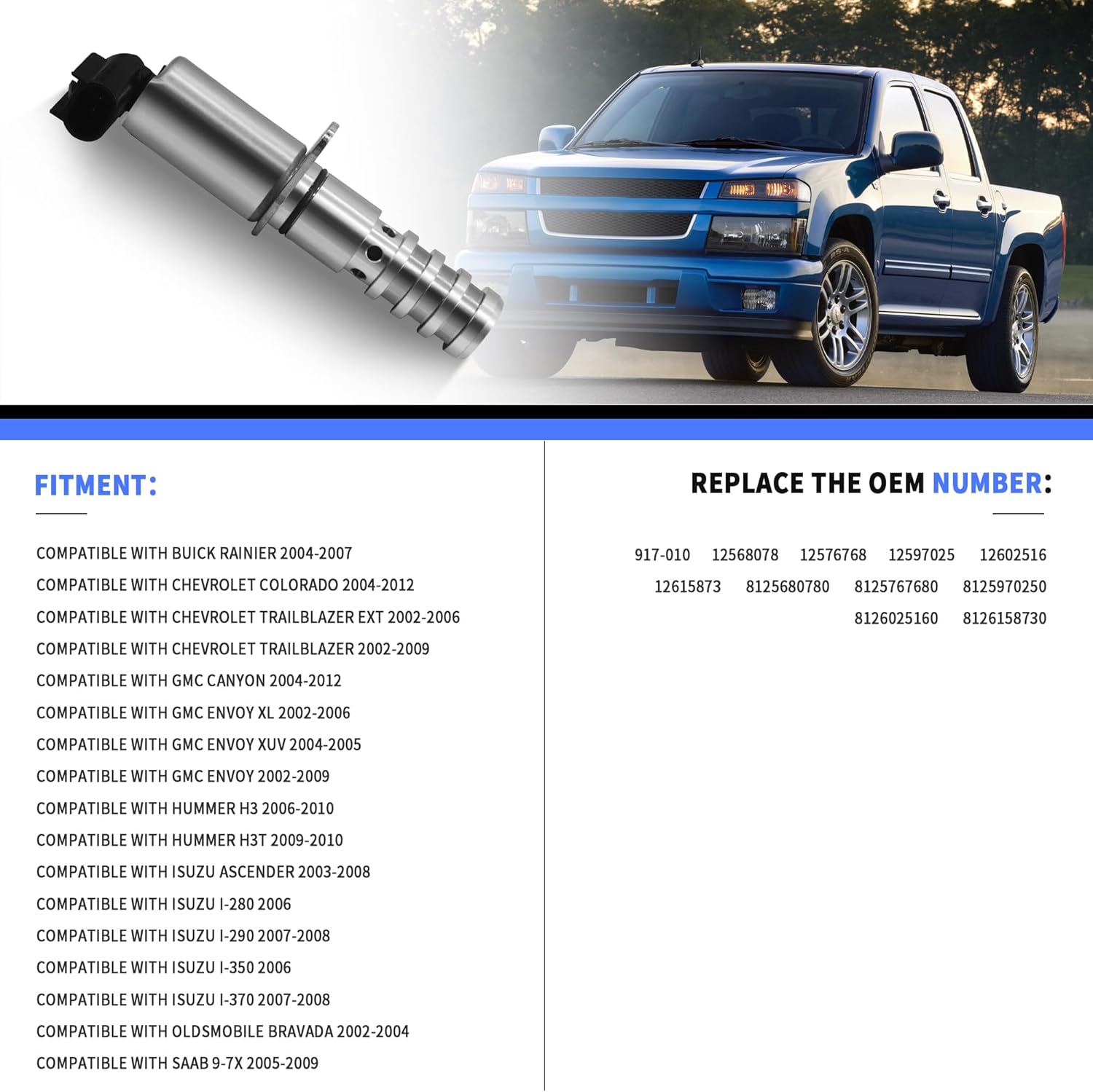 Engine Variable Valve Timing Solenoid Compatible with Chevrolet Trailblazer 2002-2009, fit for GMC Envoy 2002-2009, fit for Isuzu Ascender 2003-2008, fit for Saab 9-7x 2005-2009
