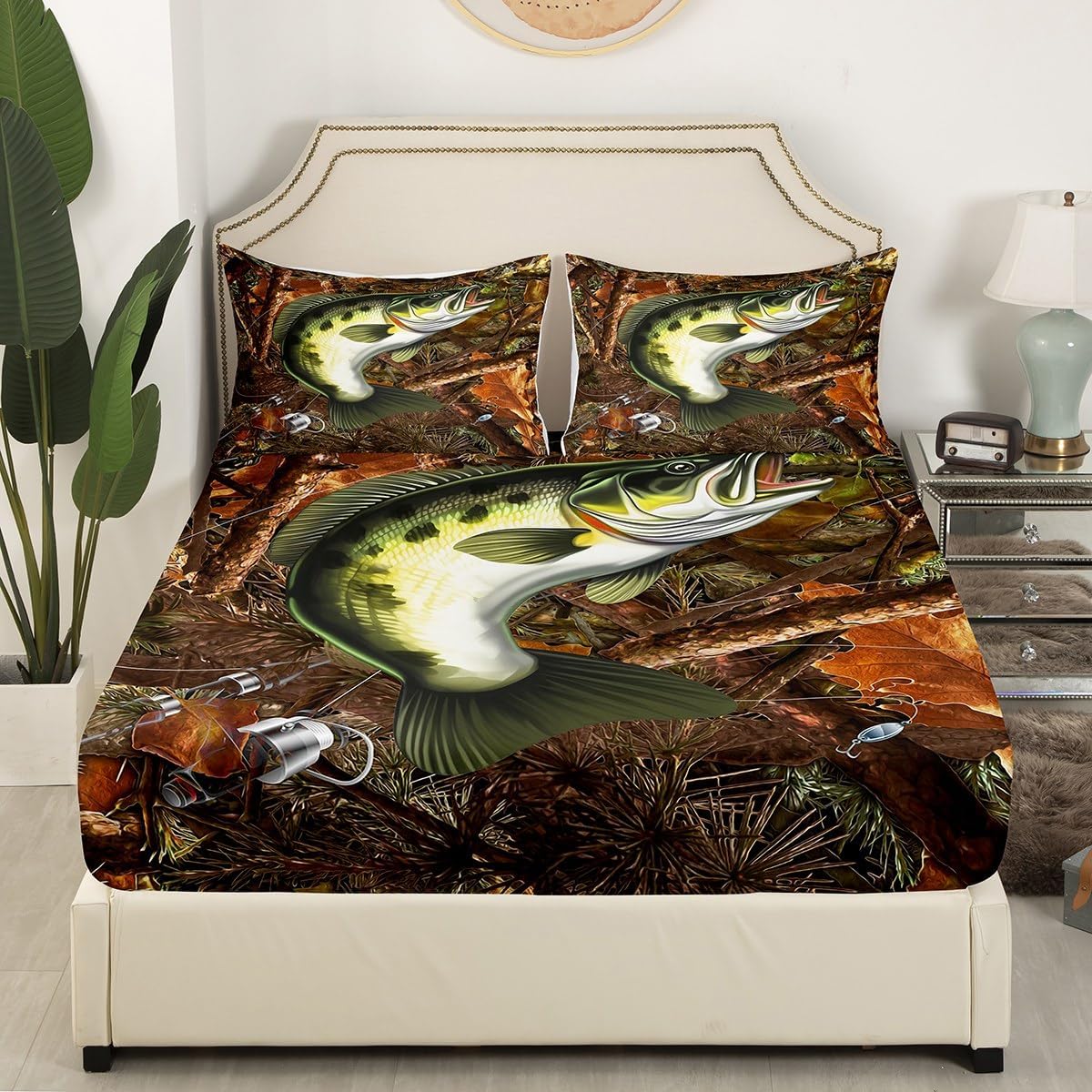 Erosebridal Bass Fish Hunting Fitted Sheet Full Pike Fish Fishing Rod Bed Sheets Gifts for Men Women Fisherman Fishing Lover,Retro Wooden Branches Sheet Set,Rusfic Farmhouse Bed Set with Pocket,3Pcs