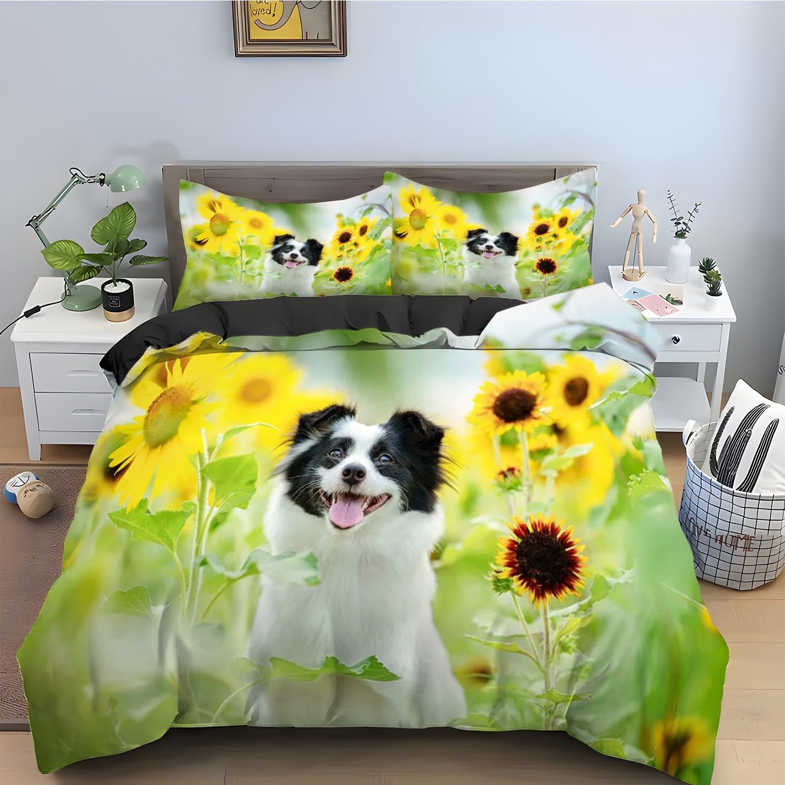 Housse de Couette 240 x 260 Tournesol avec Parure de Lit Microfibre Chien