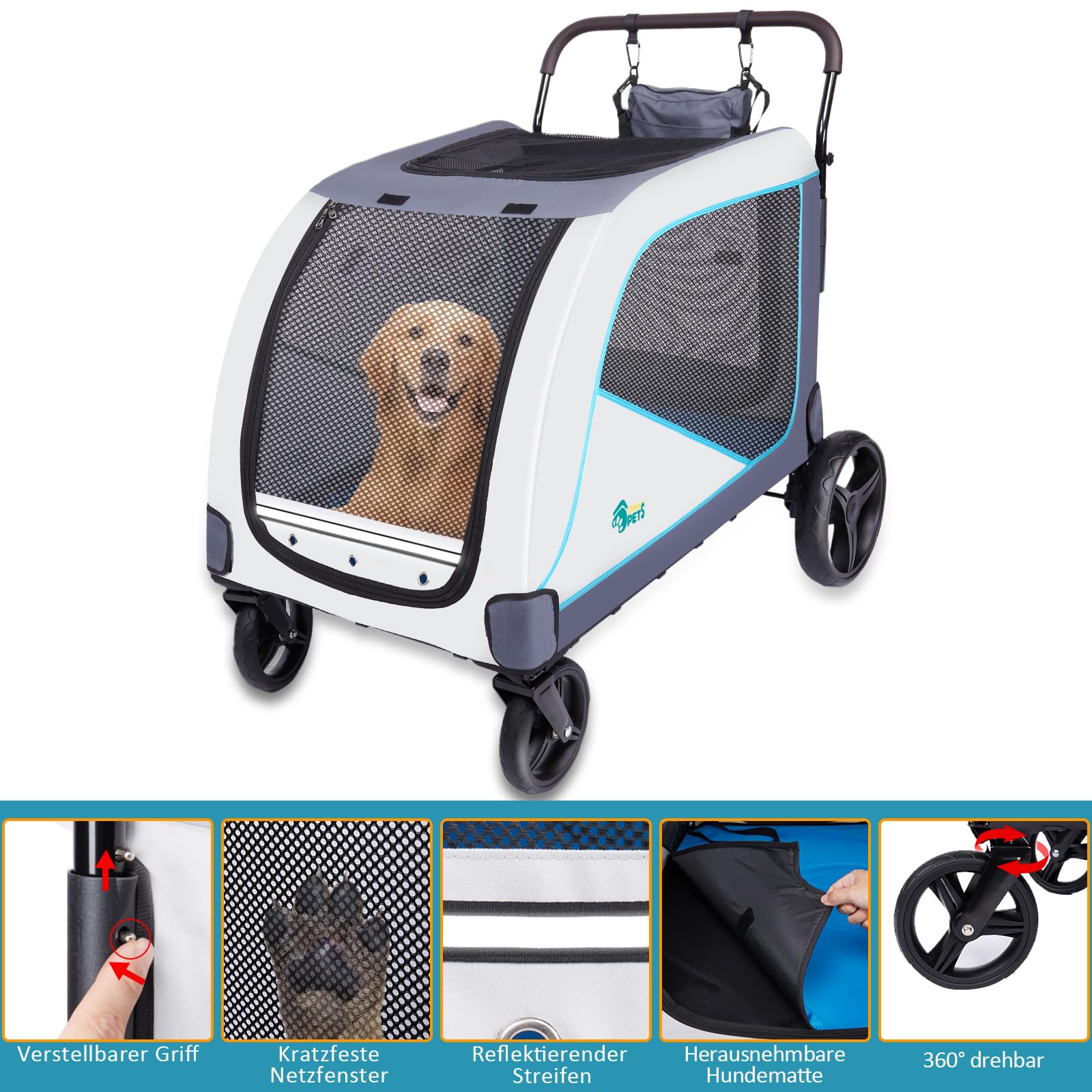 Ownpets Extra großer Hundebuggy für mittelgroße und große Hunde bis 70kg, mit Aufbewahrungstasche, verstellbarem Griff, atmungsaktives Netz, faltbar, 4 Gummi-Räder