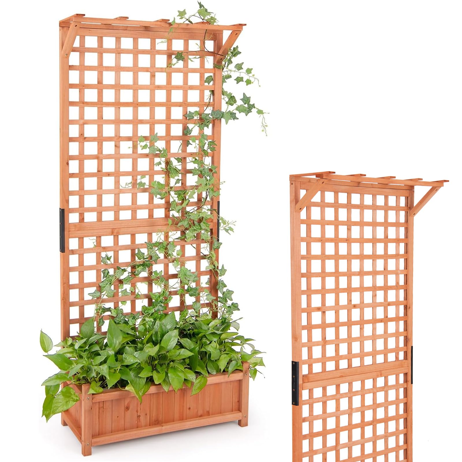 RELAX4LIFE Jardinière avec Treillis 180 cm, Lit de Jardin Surélevée en Bois Sapin, Bac à Fleurs d'Extérieur avec Trous de Drainage pour Plantes Grimpantes Fleurs dans Jardin Terrasse Balcon