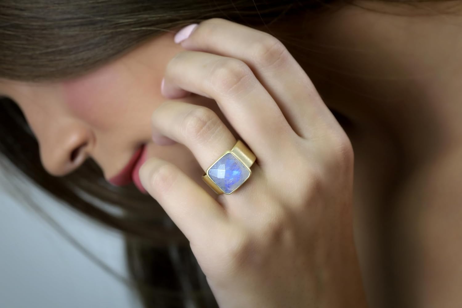 Square Cut Moonstone Ring - 10mm Wide Band Statement Jewelry - June Birthstone Design - Rainbow Faceted Stackable Ring for Women