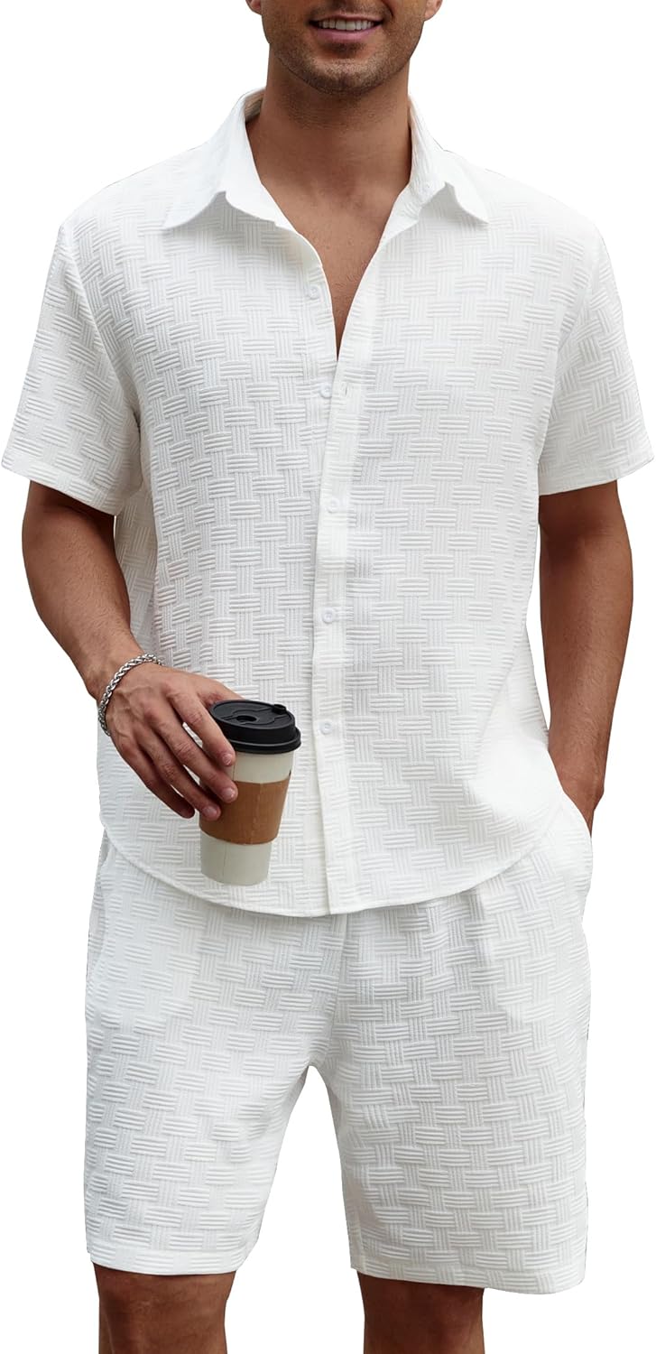 Men’s 2 Piece Outfits Short Sleeve Button Down Shirts and Drawstring Shorts Summer Beach Hawaiian Sets