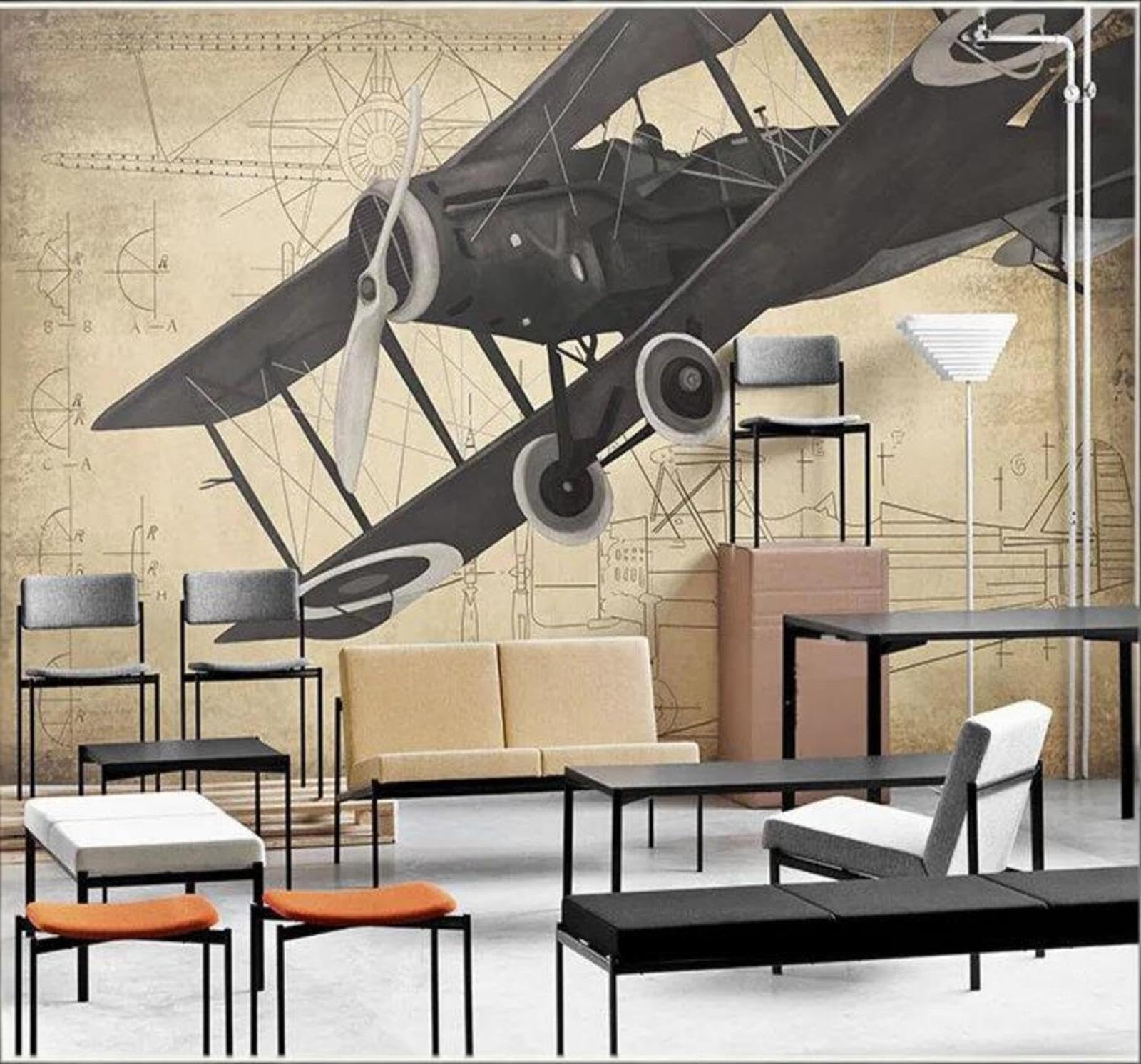 Xlming 430Cm×300Cm(B×H) Retro Hand Drawn Aeroplane Design Workwear 3D Wallpaper Silky Texture Home Study Office Grey Dining Room Sofa Bedroom Living Room Tv Backdrop-430Cm×300Cm