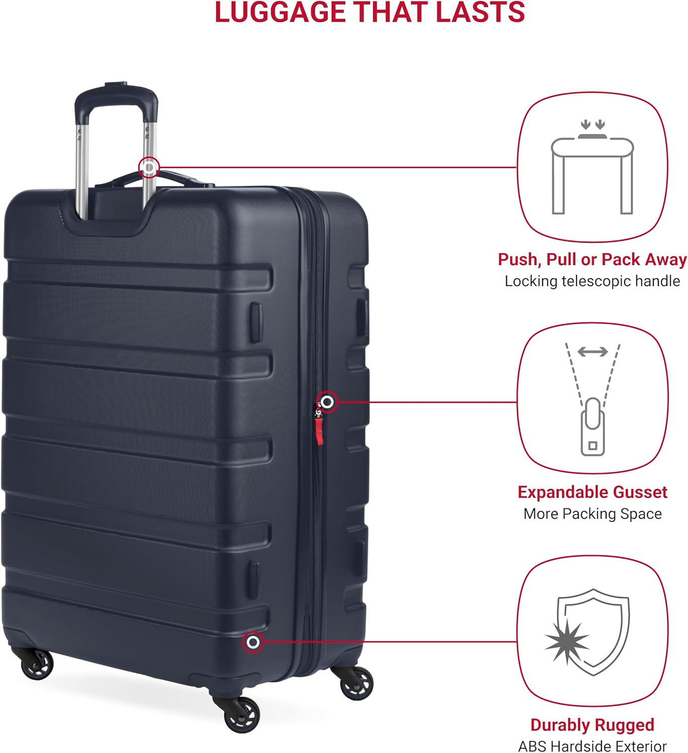 Close-up of spinner wheels and cupholder on SwissGear 7366 luggage