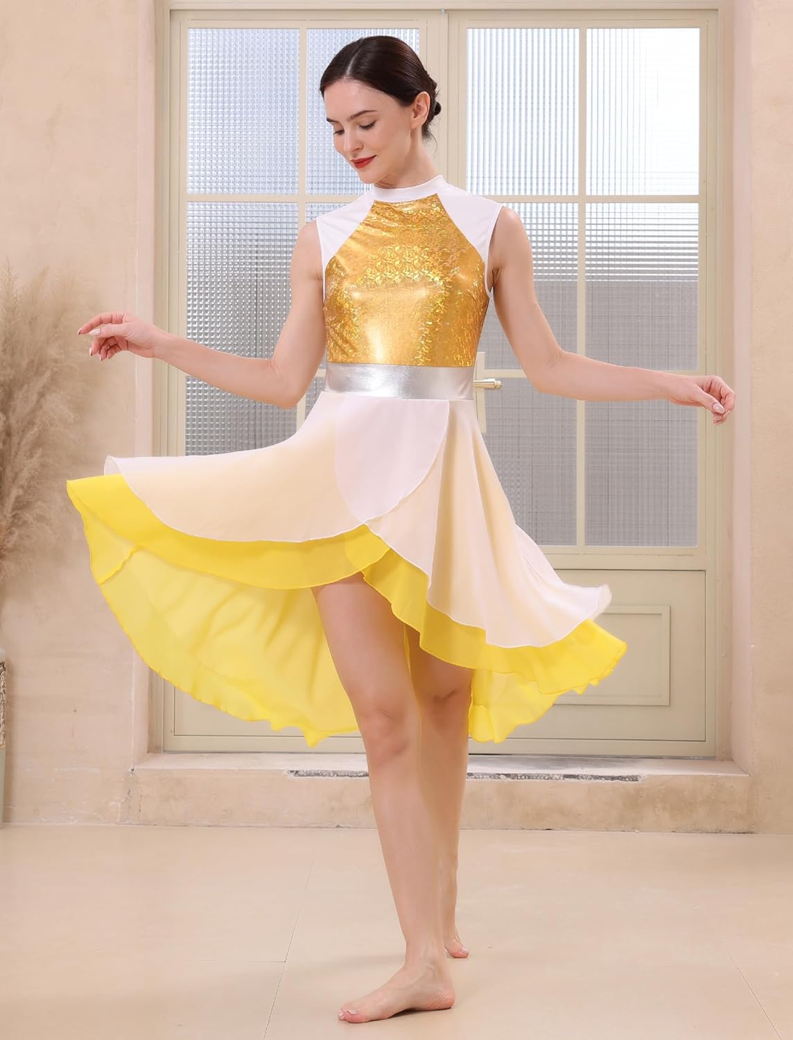IBAKOM Women Praise Dance Overlay and Tunic Metallic Flowy Chiffon Skirt Worship Outfit Color Block Liturgical Dancewear