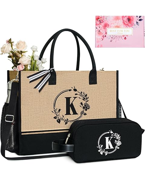 TOPDesign Personalized Initial Canvas Tote Bag, for Wedding, Birthday, Beach, Perfect Gifts for Women, Mom, Teachers, Friends