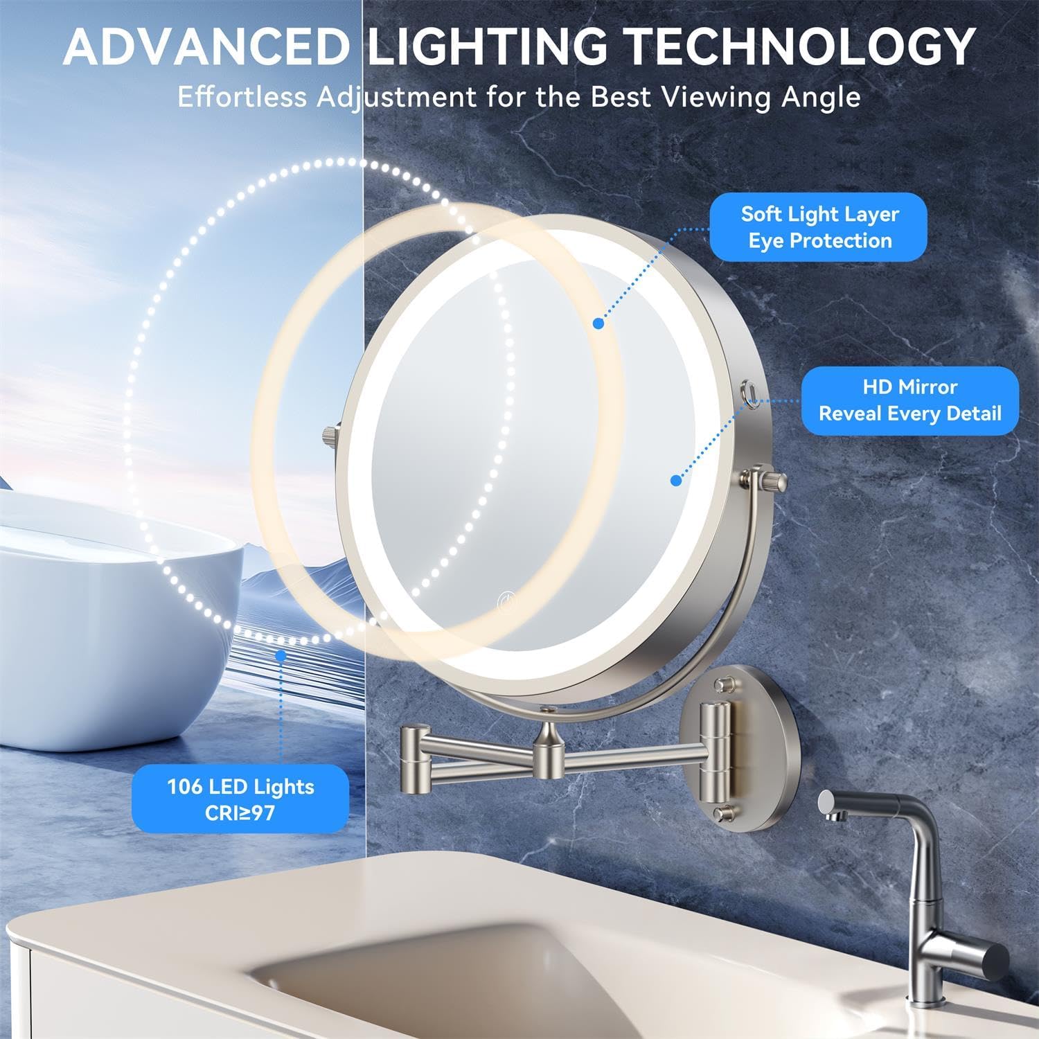 9'' 30X/1X Wall Mounted Lighted Makeup Mirror, 5000mAh Rechargeable Double-Sided Magnifying Mirror with Light, Vanity Mirror Touch Dimmable 3 Colors 360° Rotation Extended Foldable Arm, Power Adapter