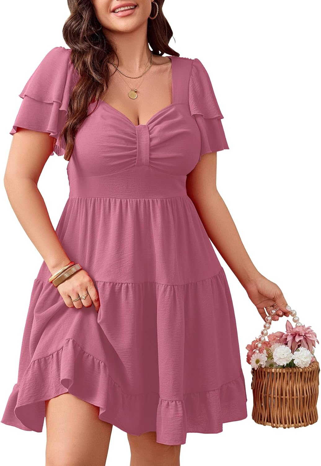 SCOMCHIC Women's Plus Size Summer Dresses Short Sleeve Sweetheart Neckline A Line Cocktail Boho Cute Mini Short Dress