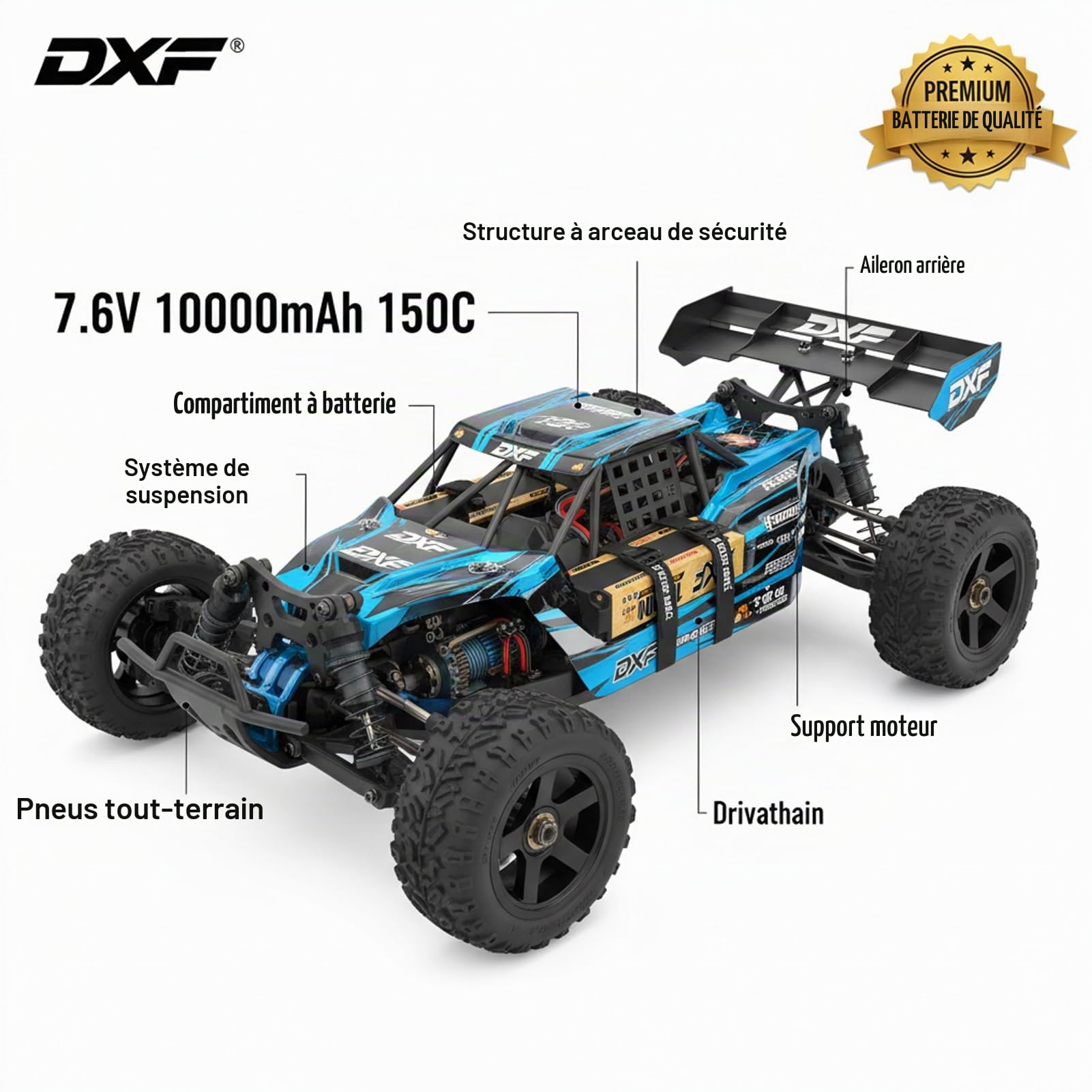 DXF 2X Batterie LiPo 2S 10000mAh 150C 7.6V Prise Deans T - Haute Performance Hard Case pour Voiture RC 1/8 1/10 Buggy Truggy Monster Truck Short Course - Décharge Rapide Compatible Modèles RC