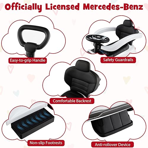 Miniatura 7 de HONEY JOY Auto de empuje Mercedes-Benz con licencia para niños pequeños, toldo ajustable y almacenamiento de asiento, bocina, auto de empuje para
