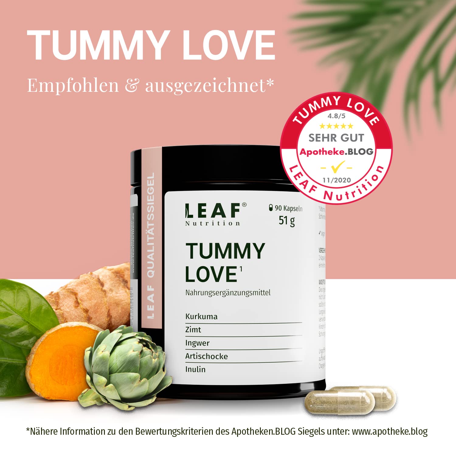 LEAF TUMMY LOVE Kapseln vegane Nahrungsergänzung mit Kurkuma, Zimt, Ingwer & Artischocke | für deine Körpermitte | 45 Tage (90 Stück) | nachhaltige Verpackung & Made in Germany